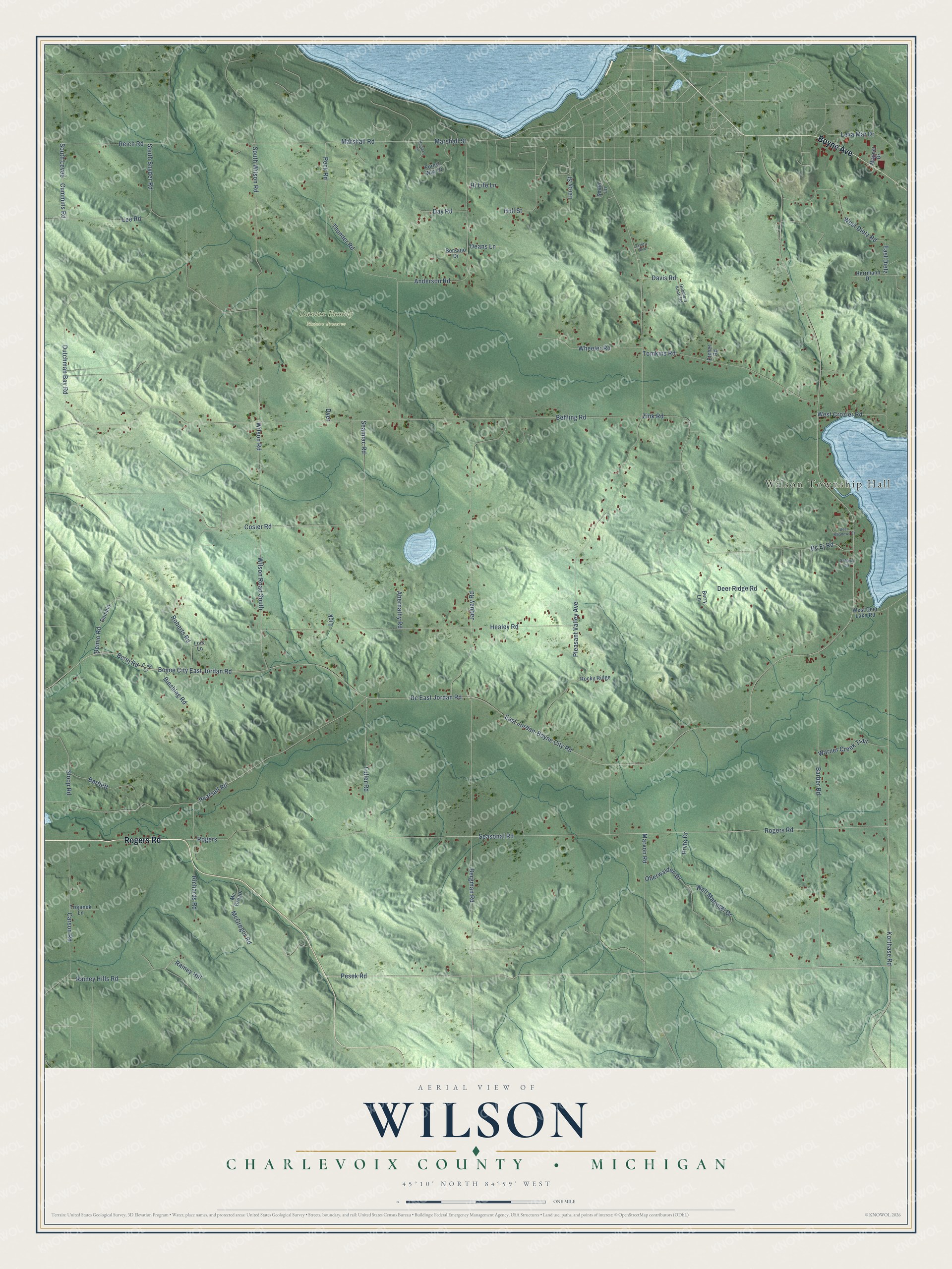 Full map of Wilson, Michigan, with red buildings, printed street names and the land around them