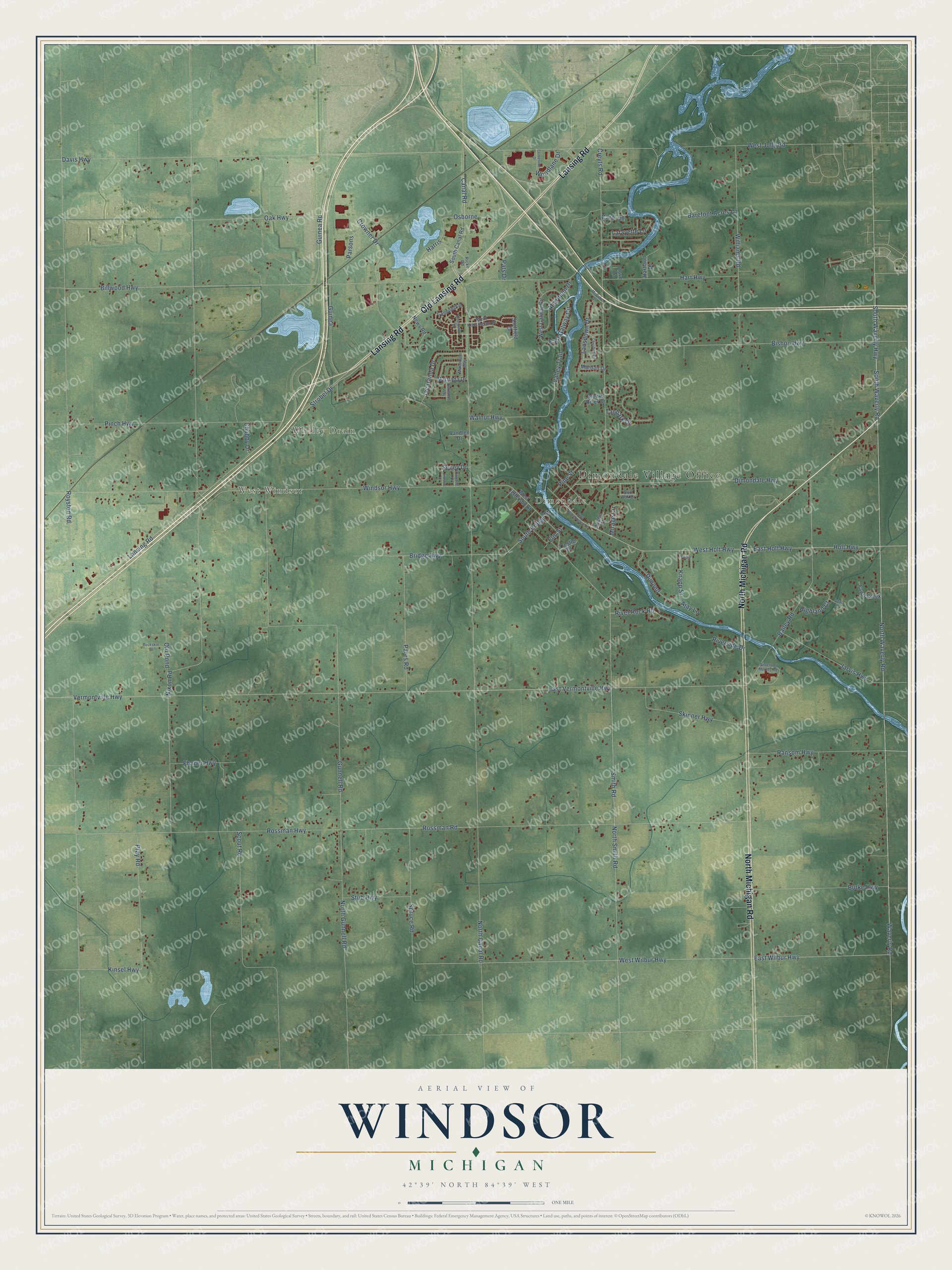 Full map of Windsor, Michigan, with red buildings, printed street names and the land around them