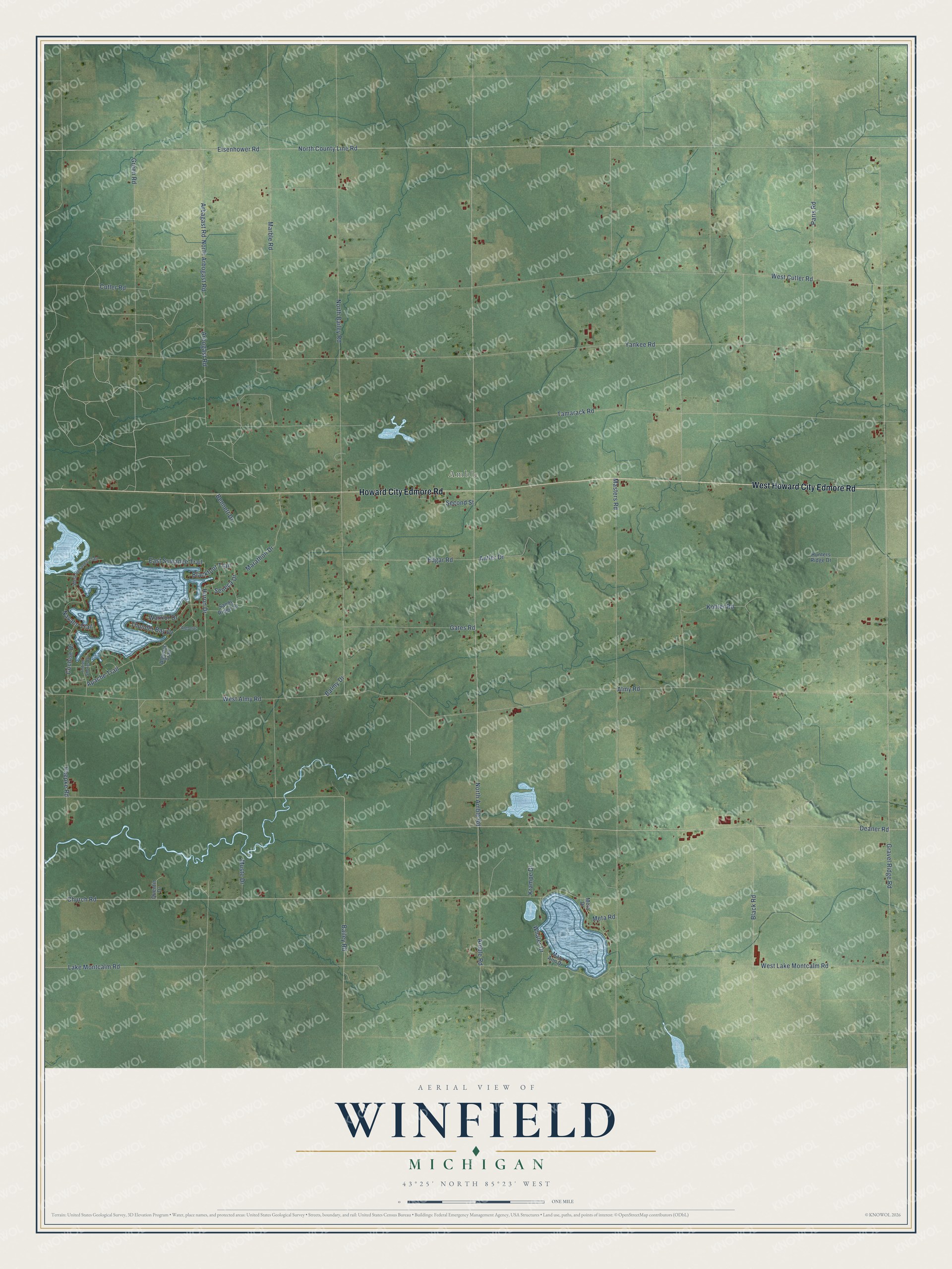 Full map of Winfield, Michigan, with red buildings, printed street names and the land around them