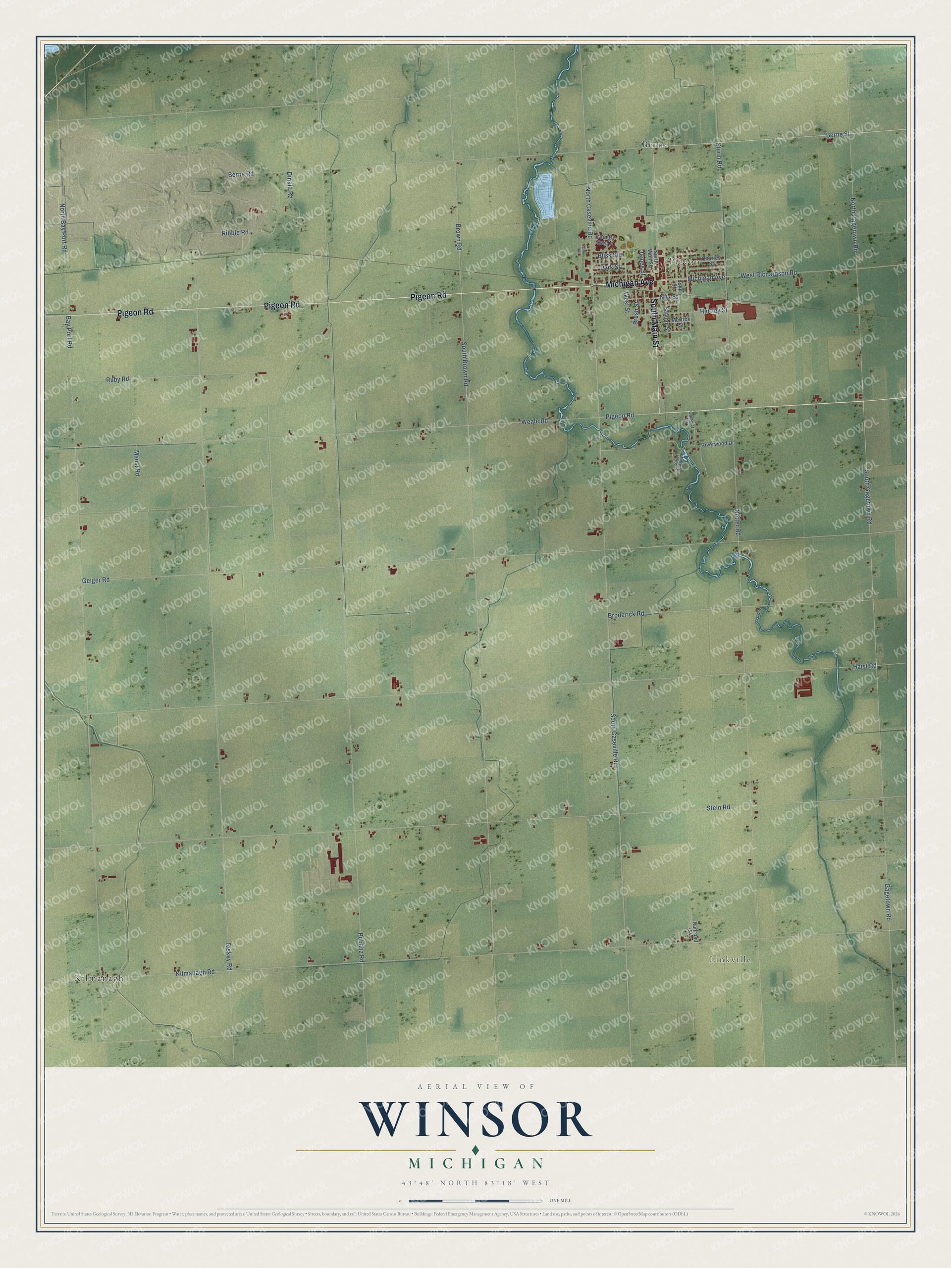 Full map of Winsor, Michigan, with red buildings, printed street names and the land around them