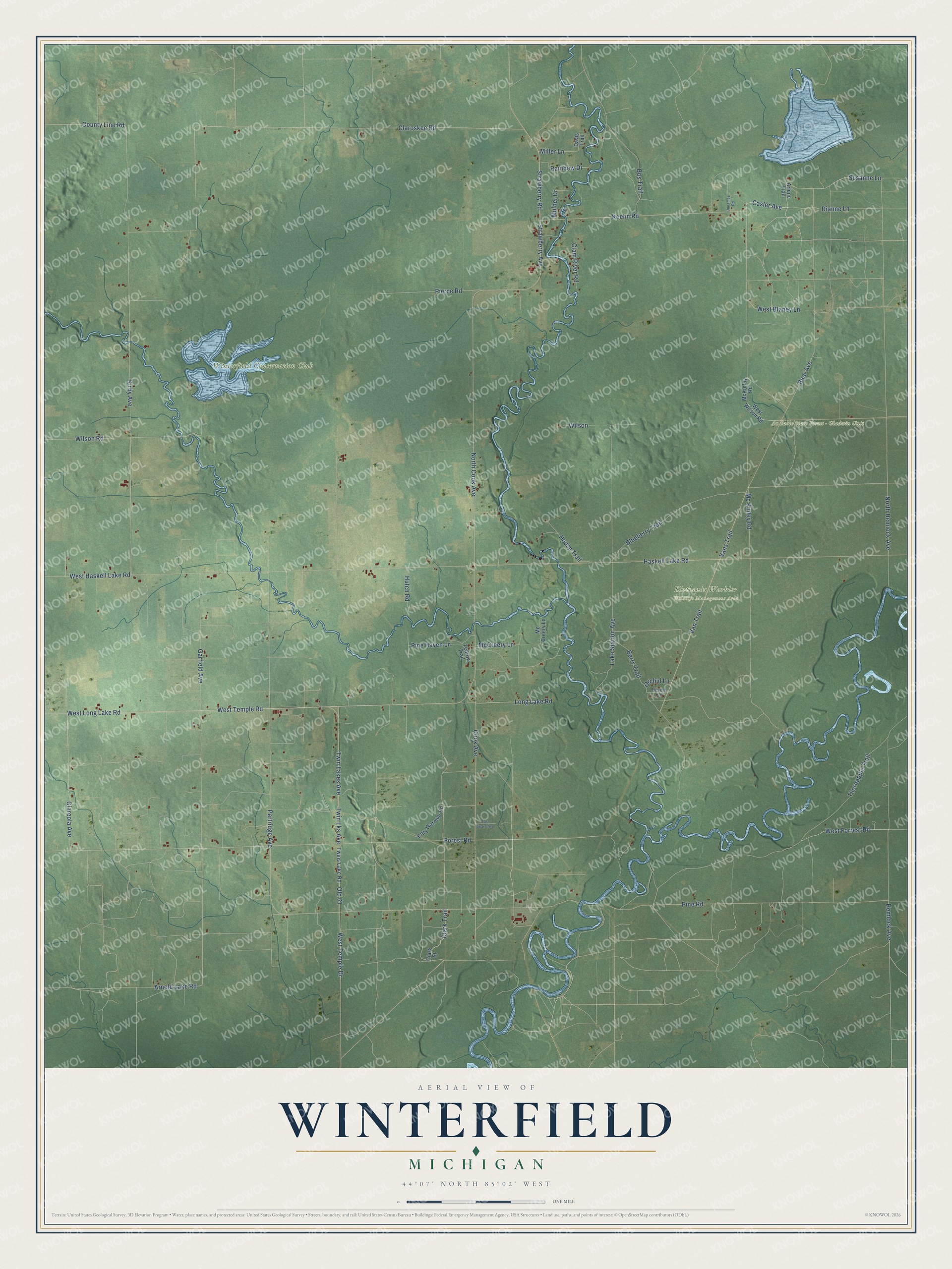 Full map of Winterfield, Michigan, with red buildings, printed street names and the land around them