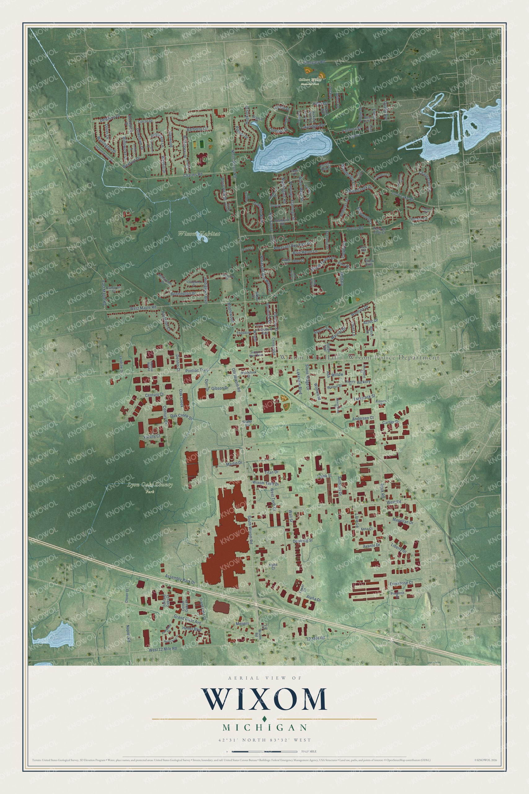 Full map of Wixom, Michigan, with red buildings, printed street names and the land around them