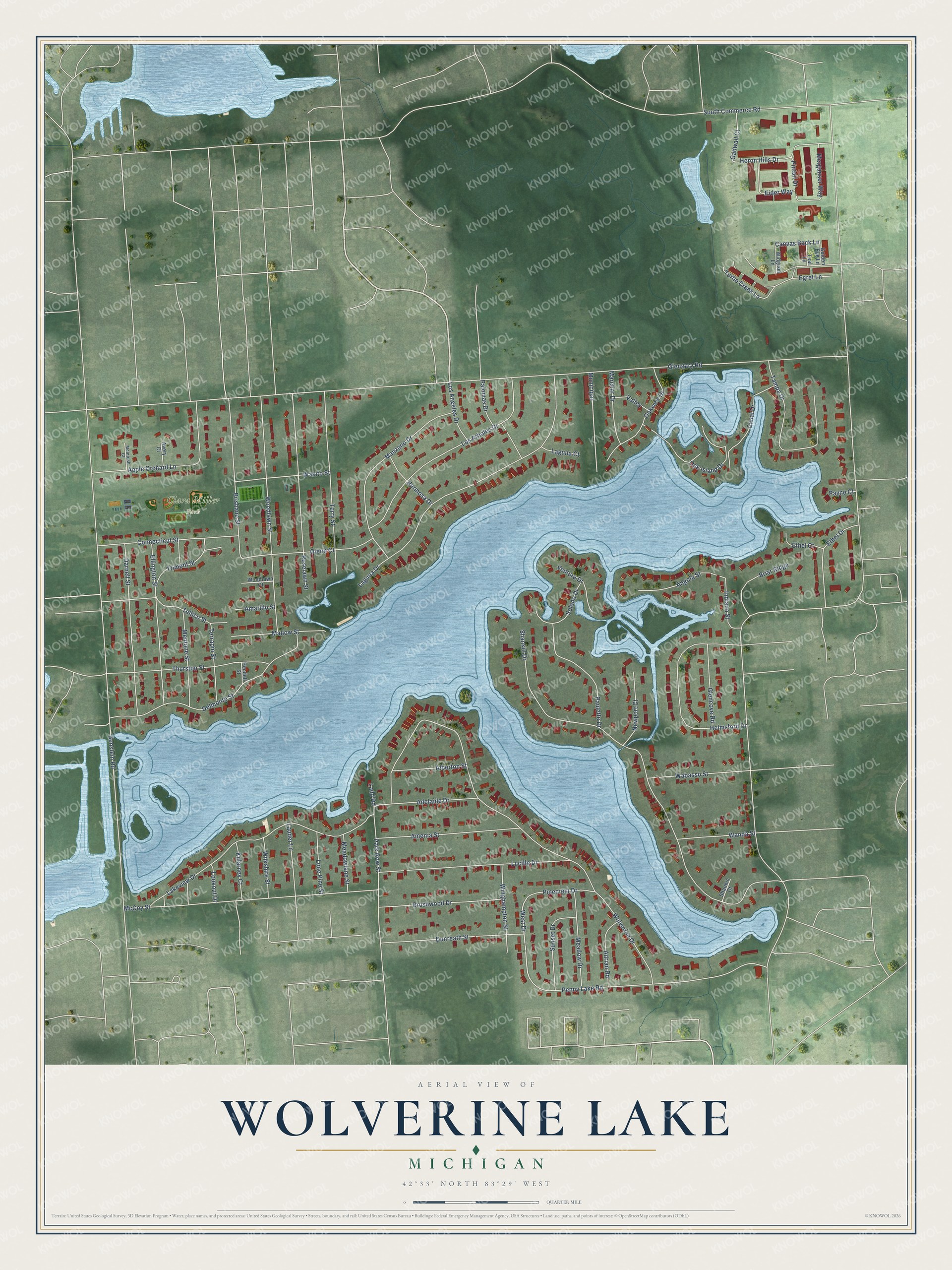 Full map of Wolverine Lake, Michigan, with red buildings, printed street names and the land around them