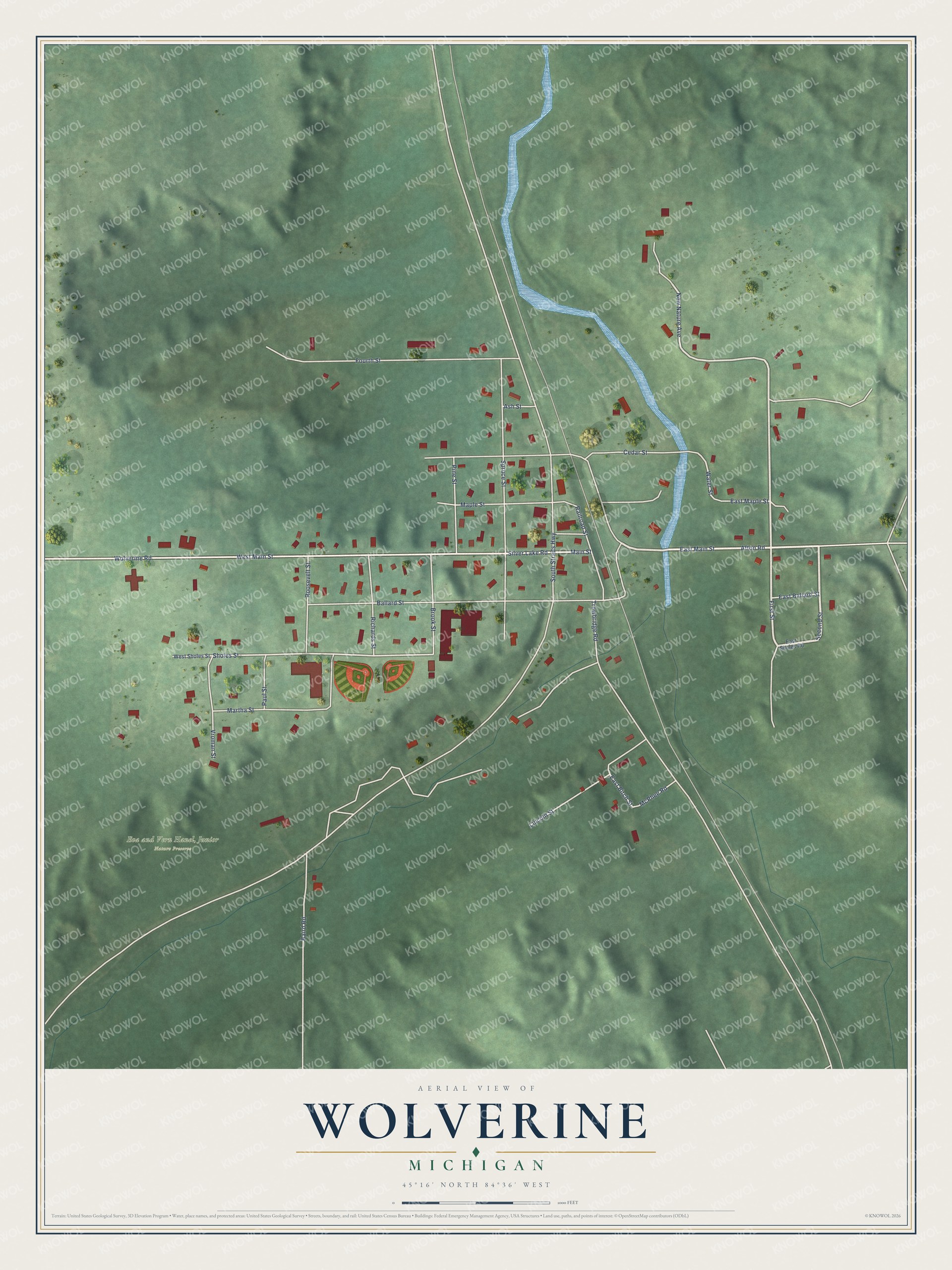 Full map of Wolverine, Michigan, with red buildings, printed street names and the land around them