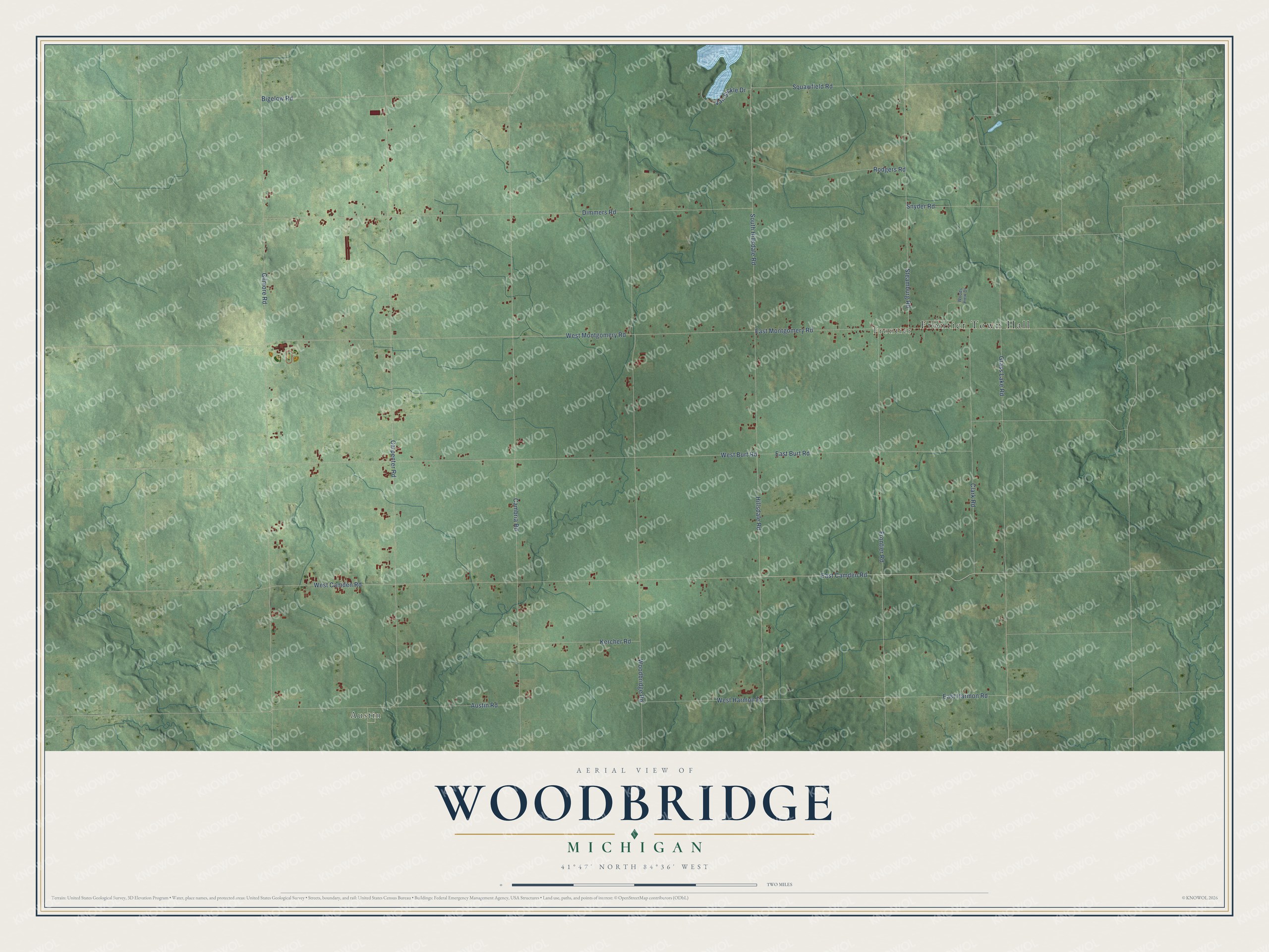 Full map of Woodbridge, Michigan, with red buildings, printed street names and the land around them