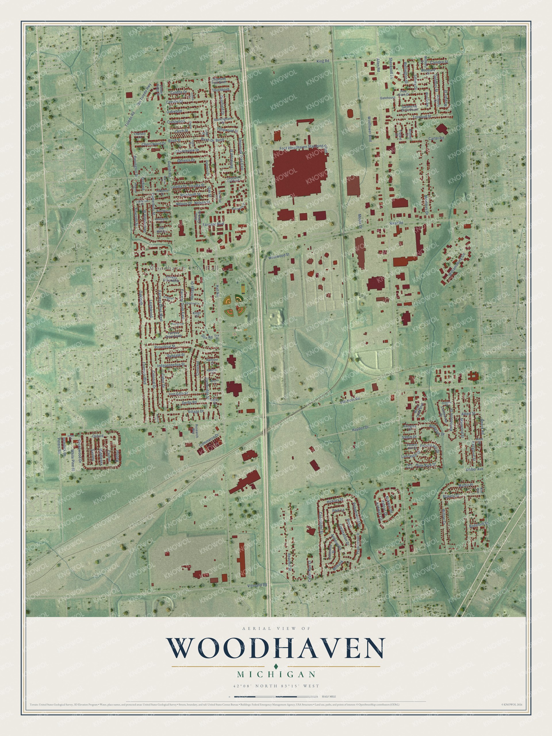 Full map of Woodhaven, Michigan, with red buildings, printed street names and the land around them