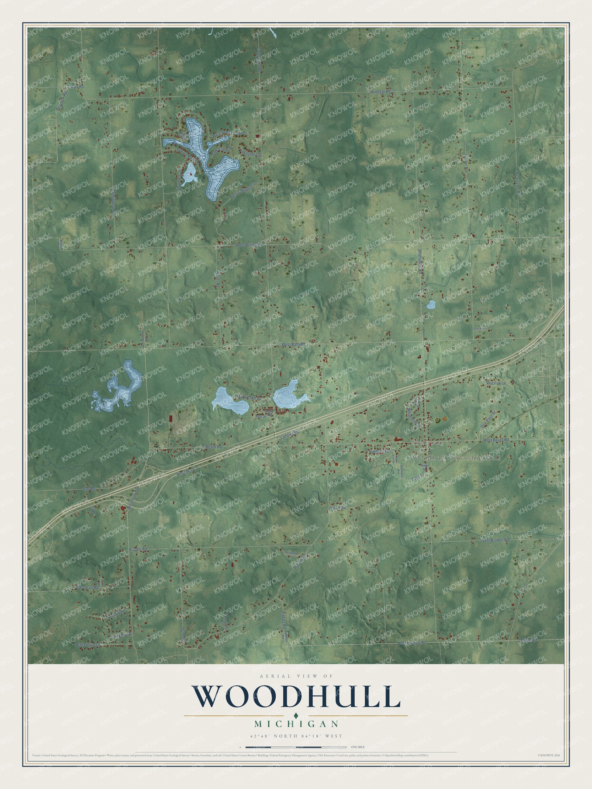 Full map of Woodhull, Michigan, with red buildings, printed street names and the land around them