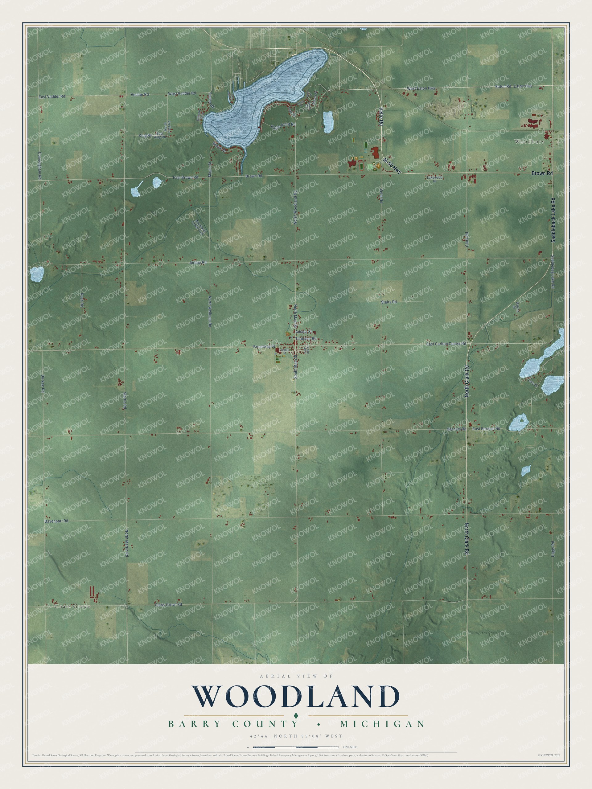 Full map of Woodland, Michigan, with red buildings, printed street names and the land around them