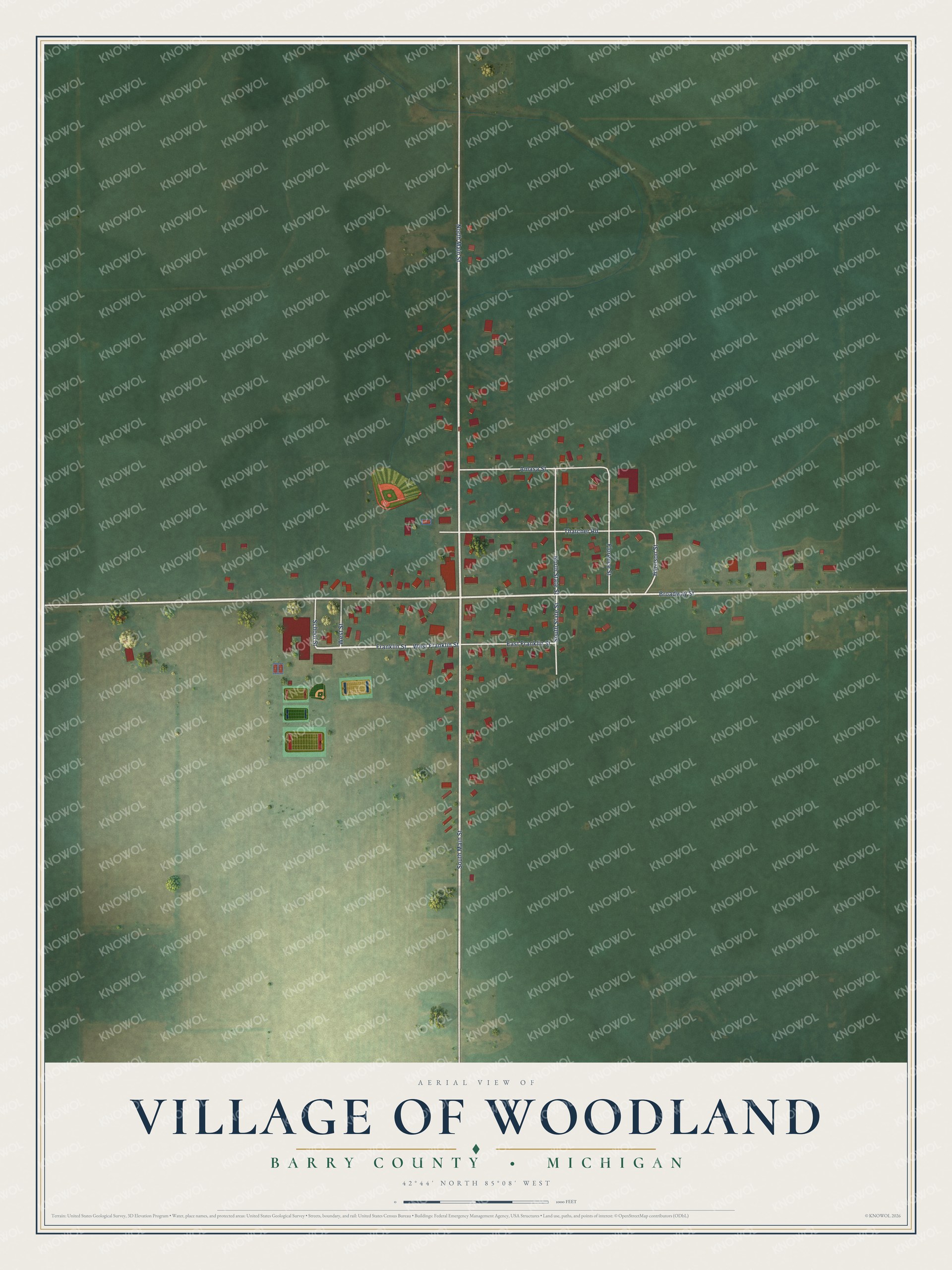 Full map of Woodland, Michigan, with red buildings, printed street names and the land around them