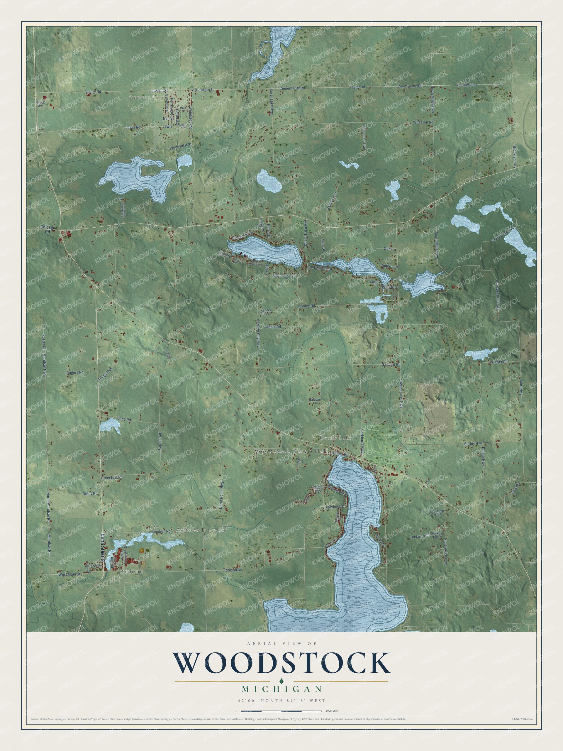 Full map of Woodstock, Michigan, with red buildings, printed street names and the land around them