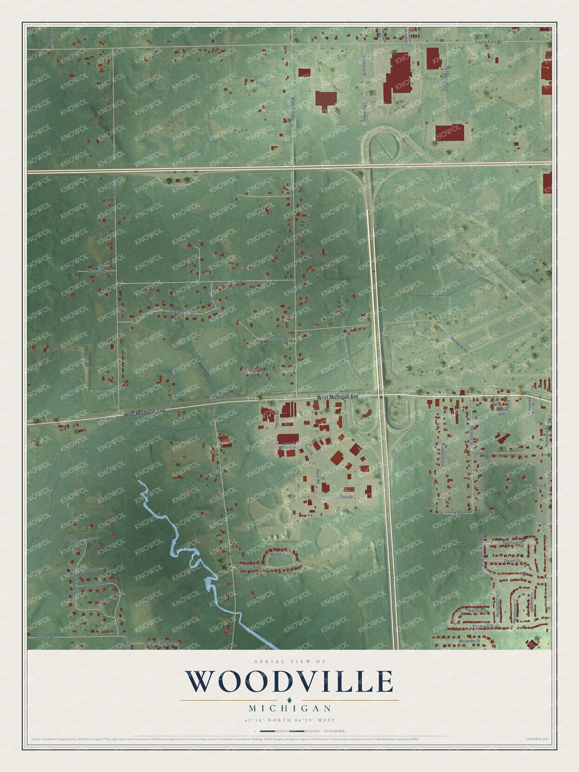 Full map of Woodville, Michigan, with red buildings, printed street names and the land around them