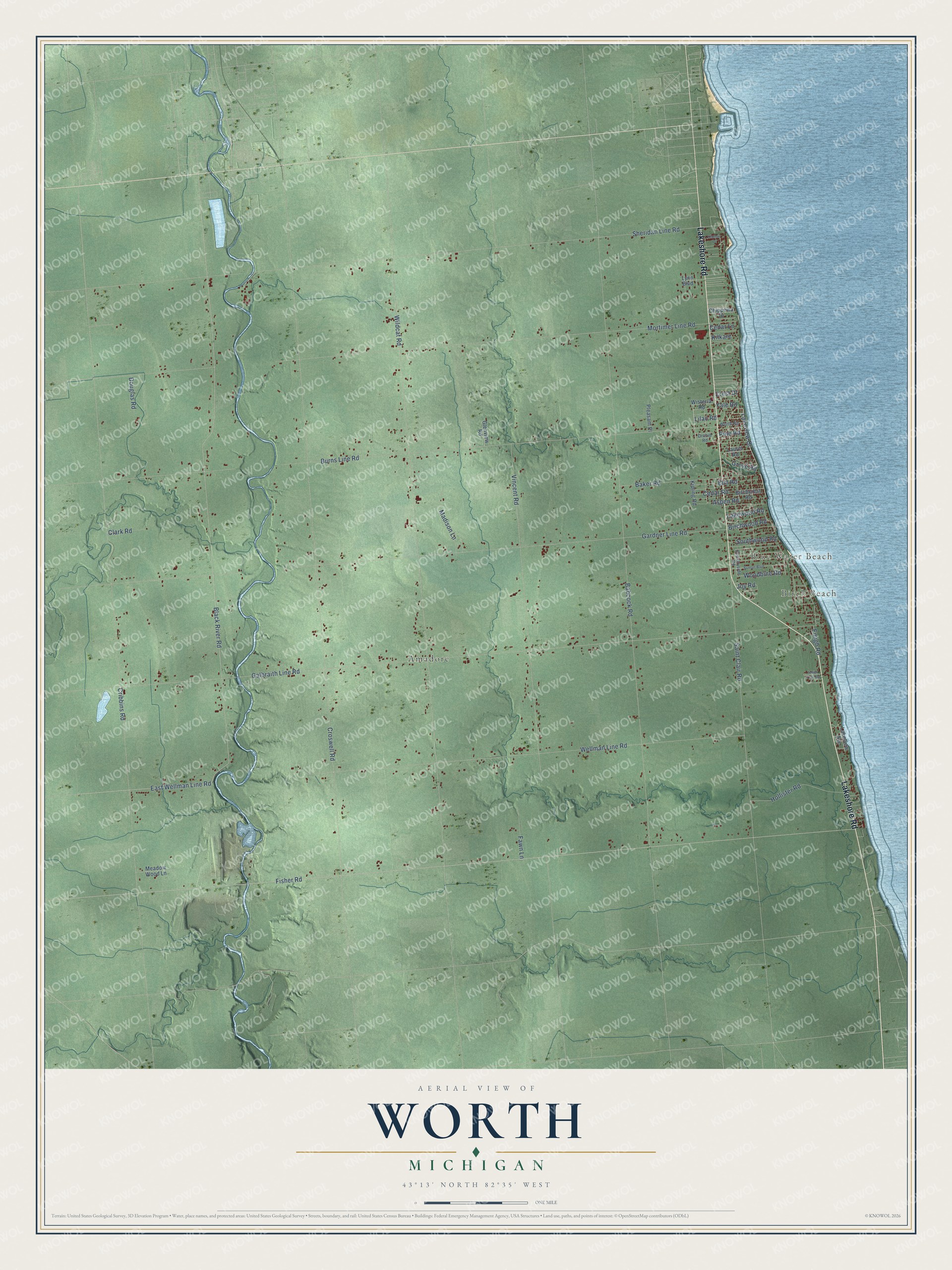 Full map of Worth, Michigan, with red buildings, printed street names and the land around them