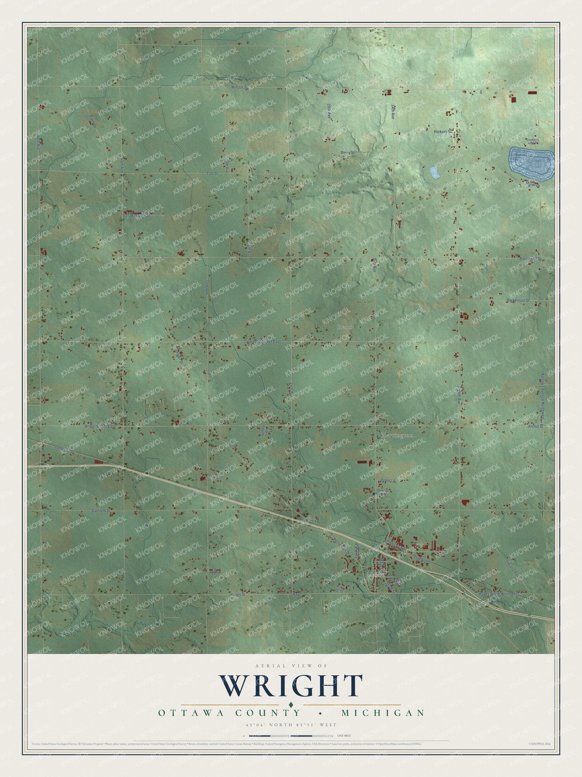 Full map of Wright, Michigan, with red buildings, printed street names and the land around them