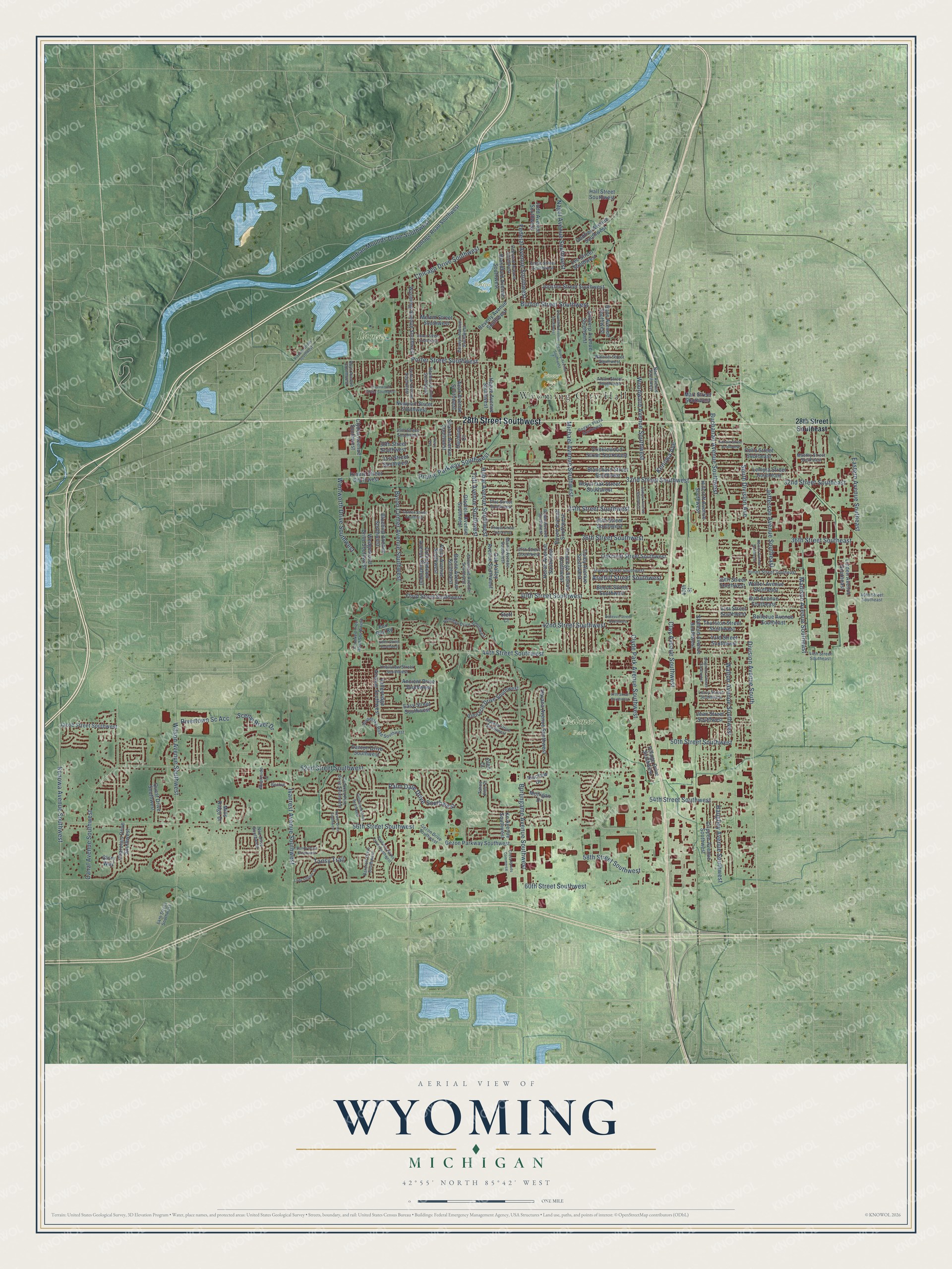 Full map of Wyoming, Michigan, with red buildings, printed street names and the land around them