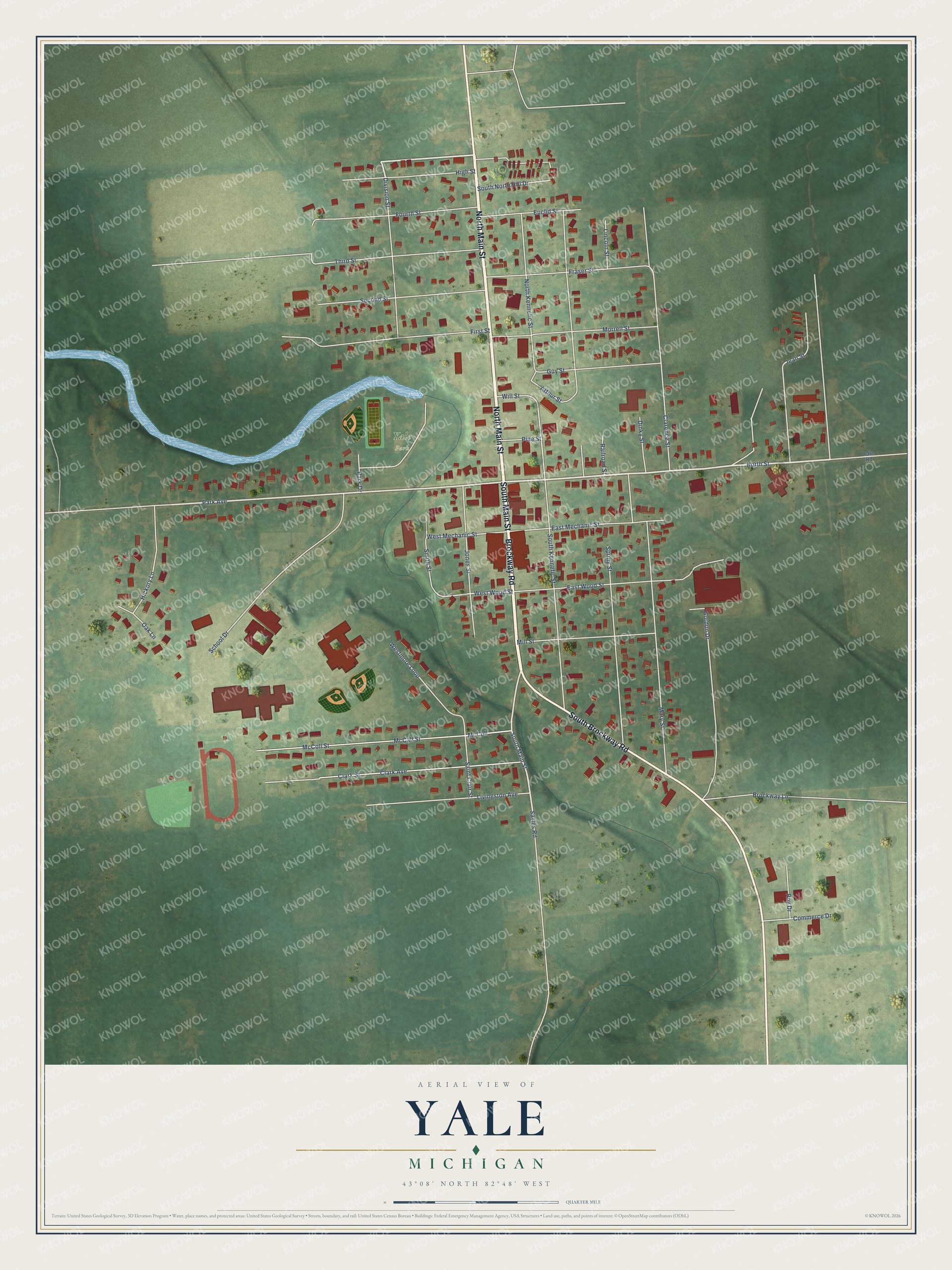 Full map of Yale, Michigan, with red buildings, printed street names and the land around them