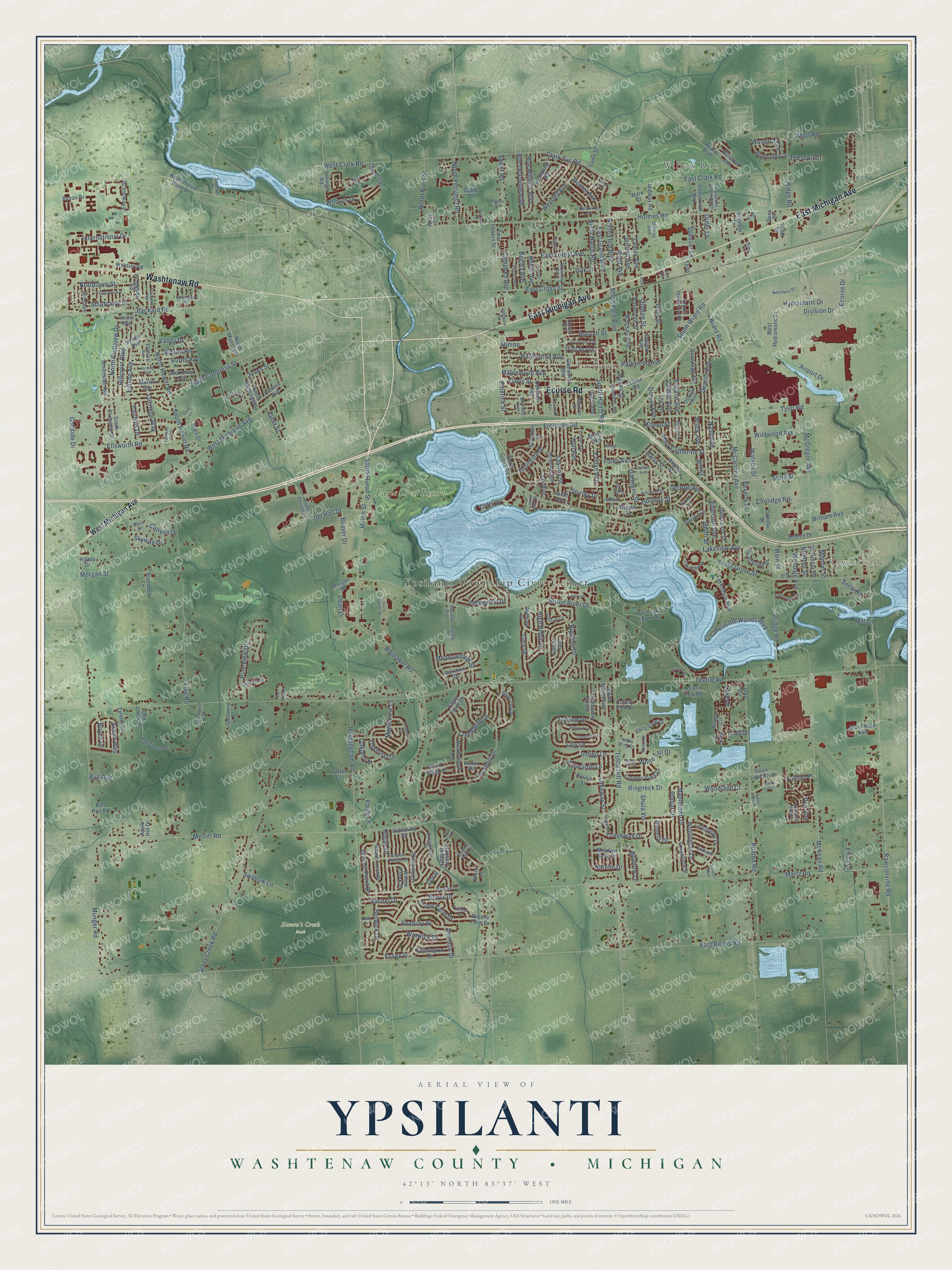 Full map of Ypsilanti, Michigan, with red buildings, printed street names and the land around them