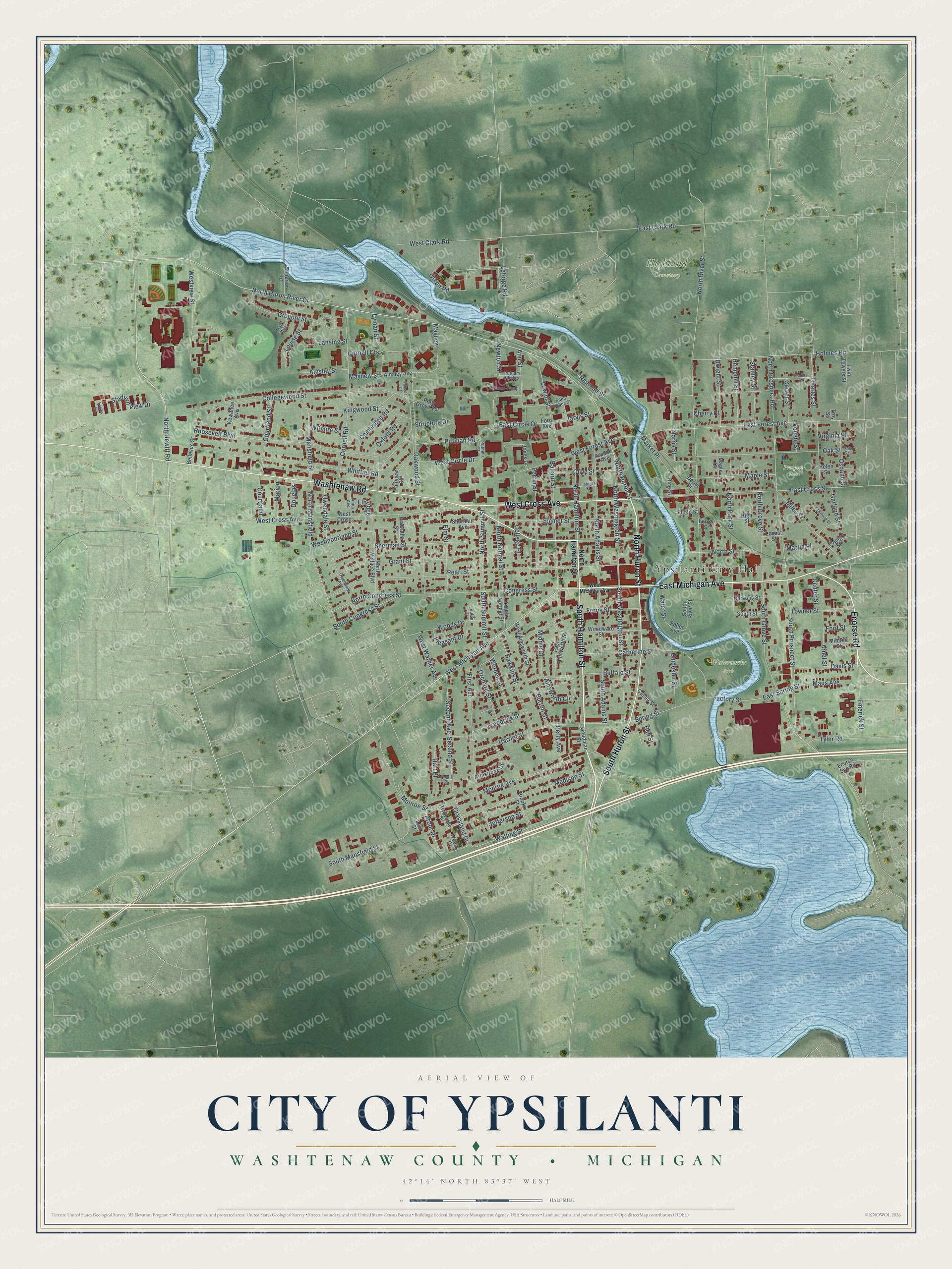 Full map of Ypsilanti, Michigan, with red buildings, printed street names and the land around them