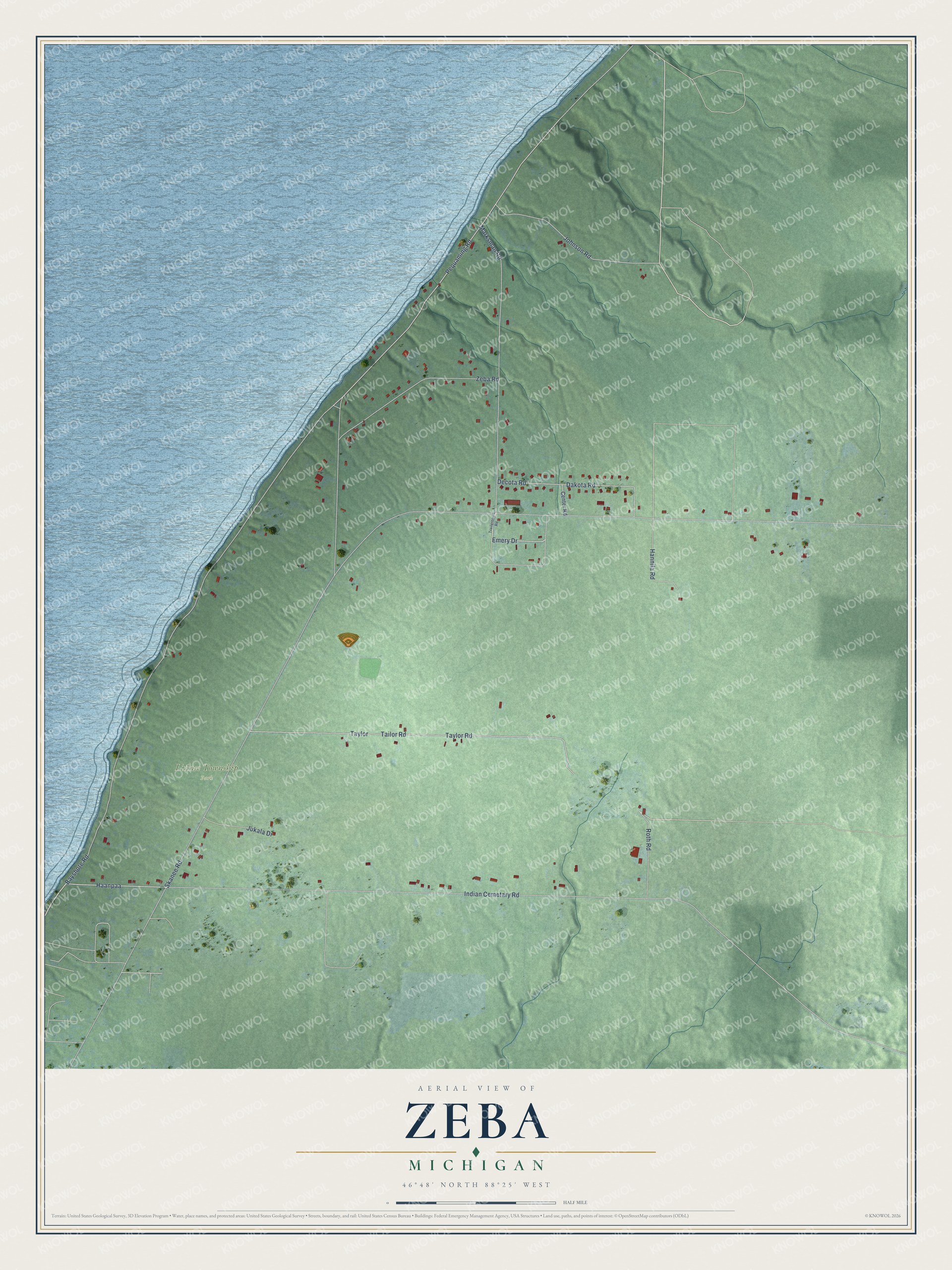 Full map of Zeba, Michigan, with red buildings, printed street names and the land around them