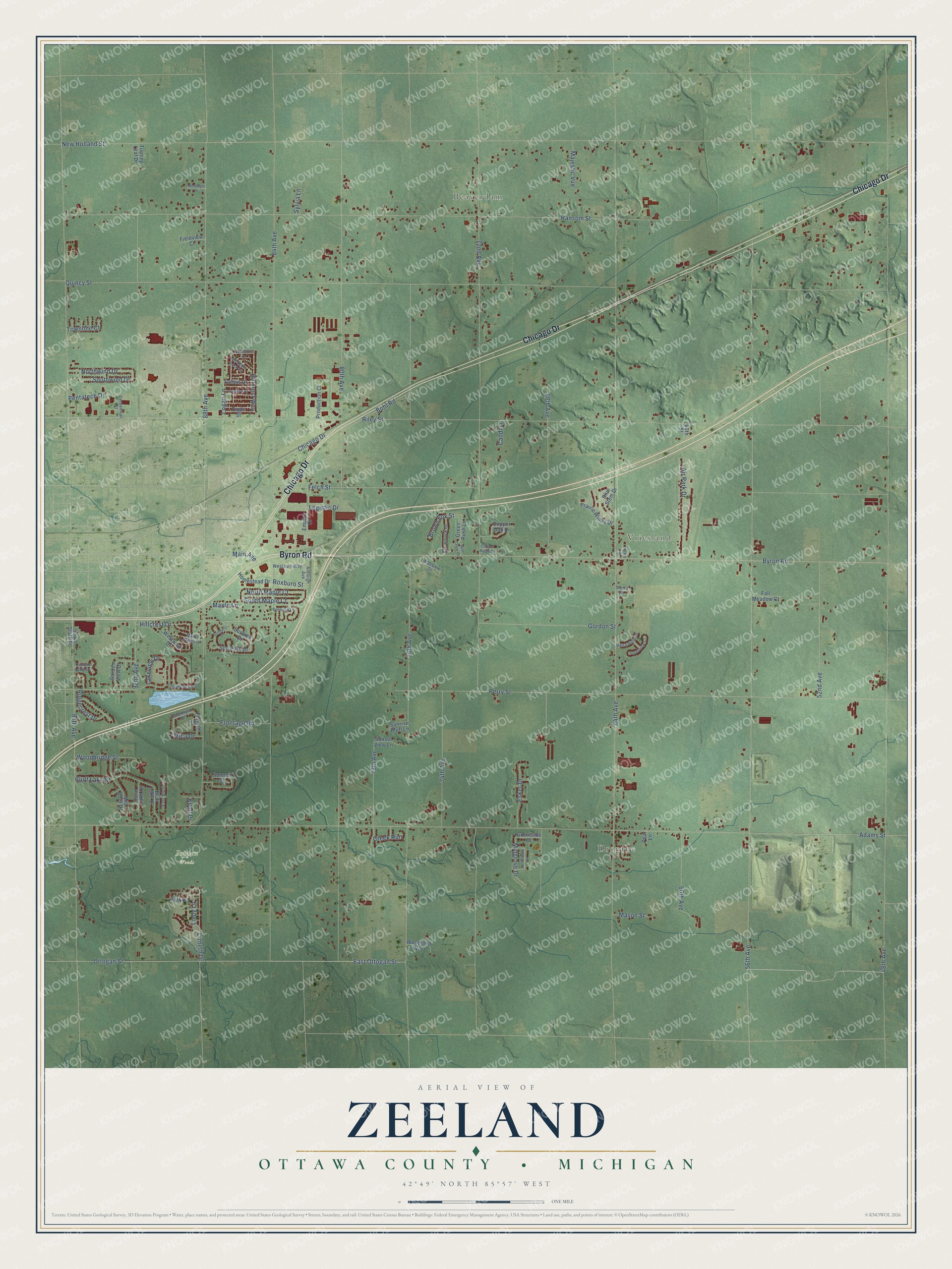 Full map of Zeeland, Michigan, with red buildings, printed street names and the land around them