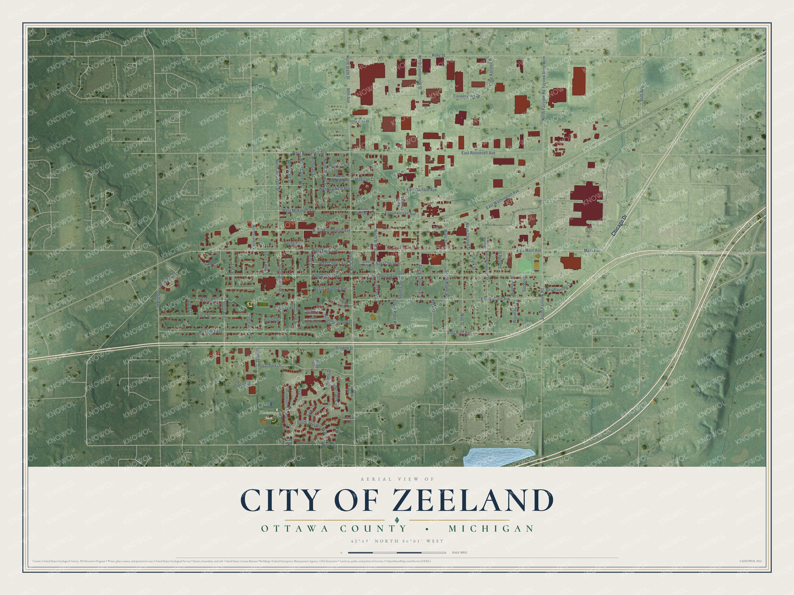 Full map of Zeeland, Michigan, with red buildings, printed street names and the land around them