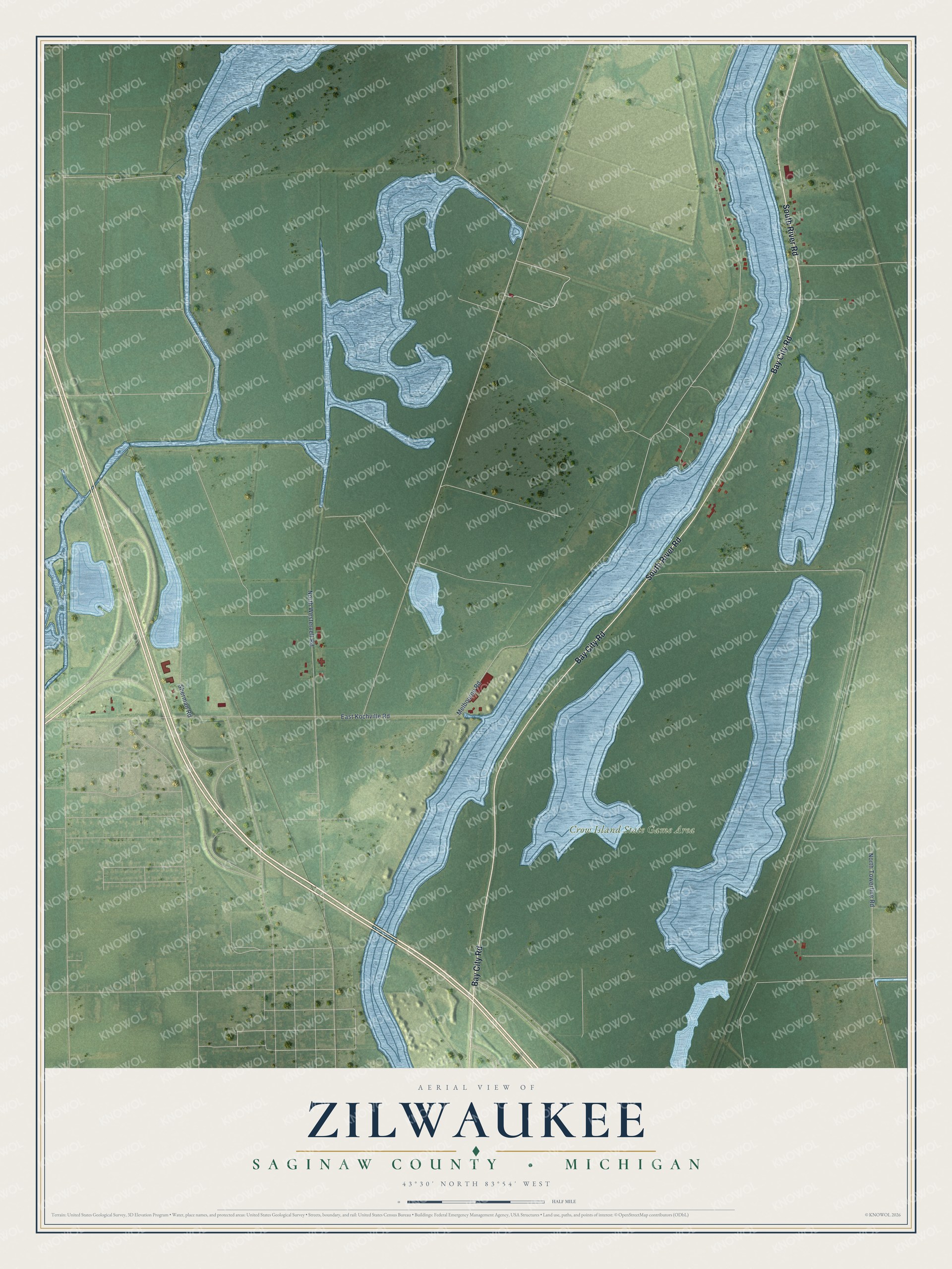 Full map of Zilwaukee, Michigan, with red buildings, printed street names and the land around them