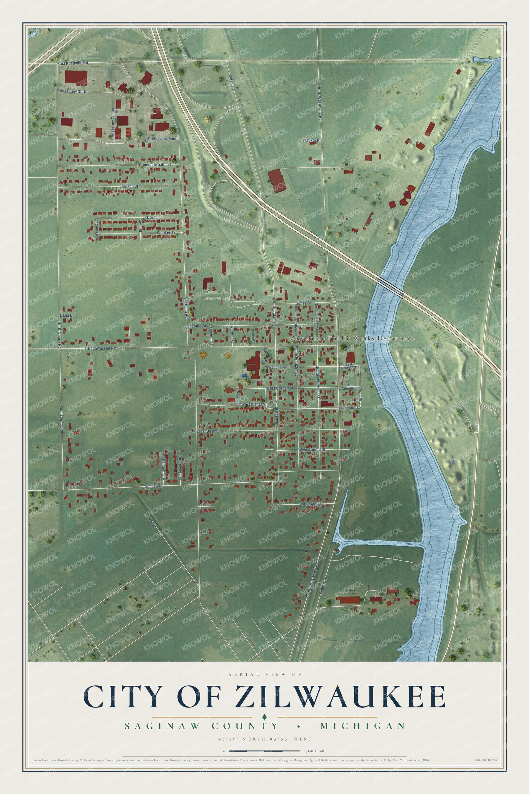 Full map of Zilwaukee, Michigan, with red buildings, printed street names and the land around them