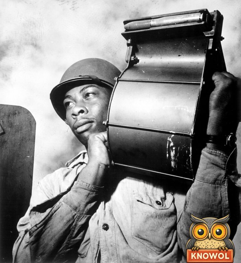 A young Black sailor in a steel helmet carries a heavy round drum magazine on his shoulder, a 20mm shell showing on top, looking off into the distance