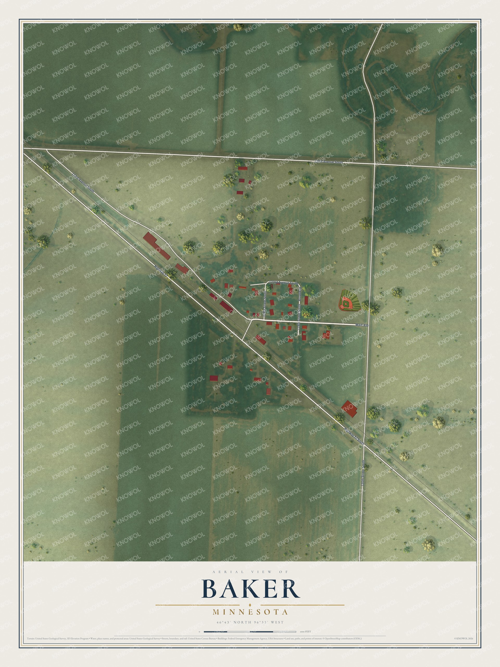 Full map of Baker, Minnesota, with red buildings, printed street names and the land around them