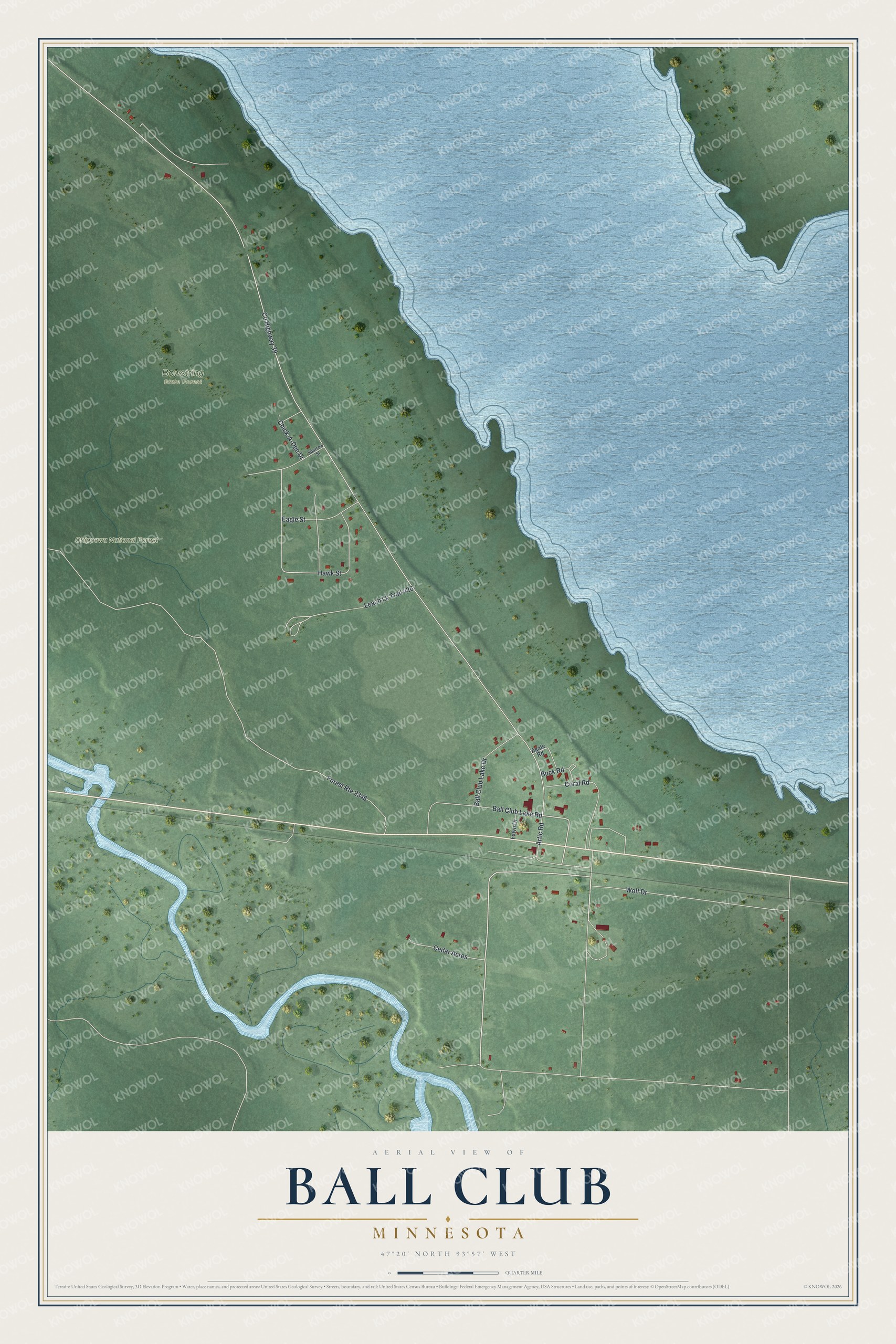 Full map of Ball Club, Minnesota, with red buildings, printed street names and the land around them