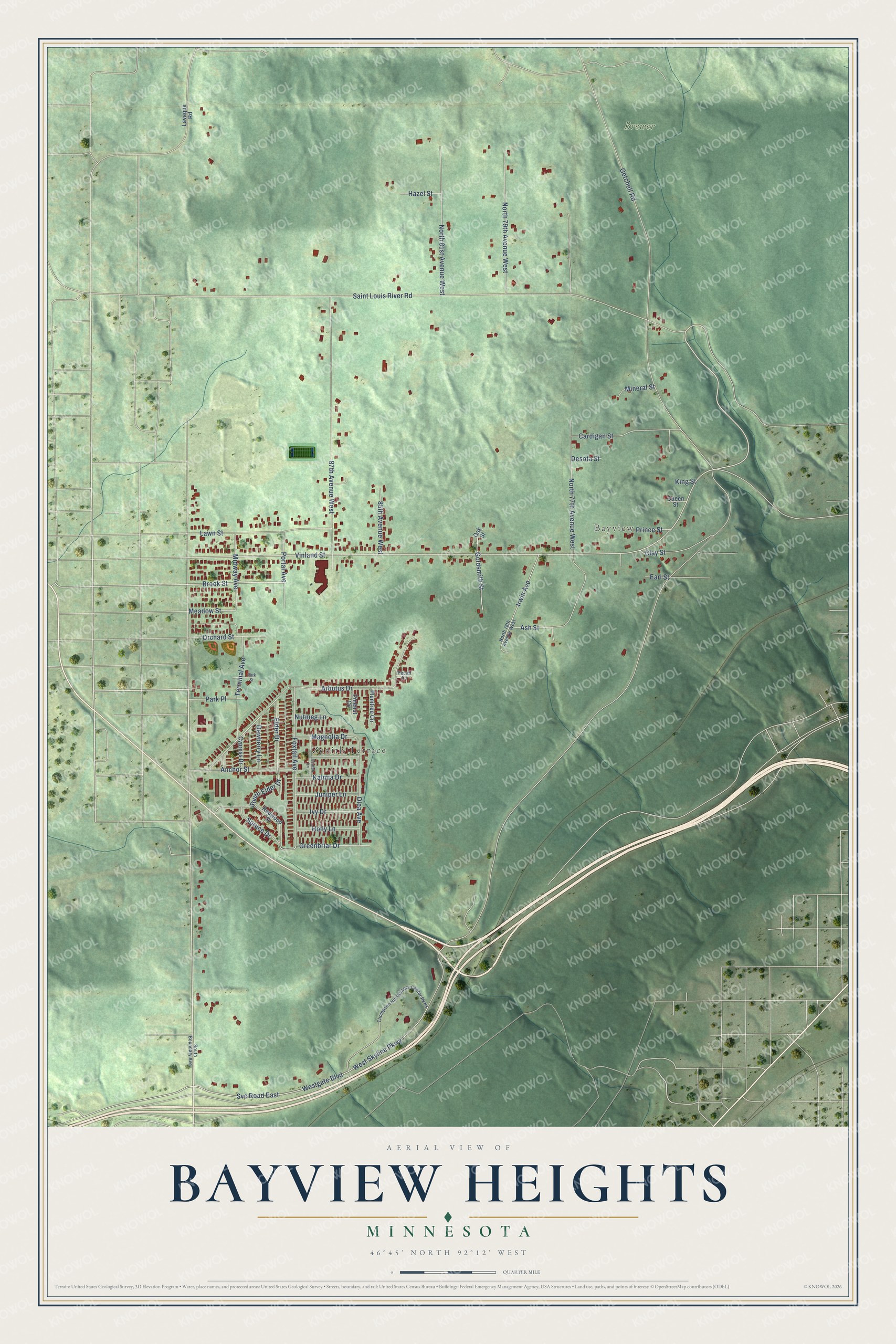 Full map of Bayview Heights, Minnesota, with red buildings, printed street names and the land around them