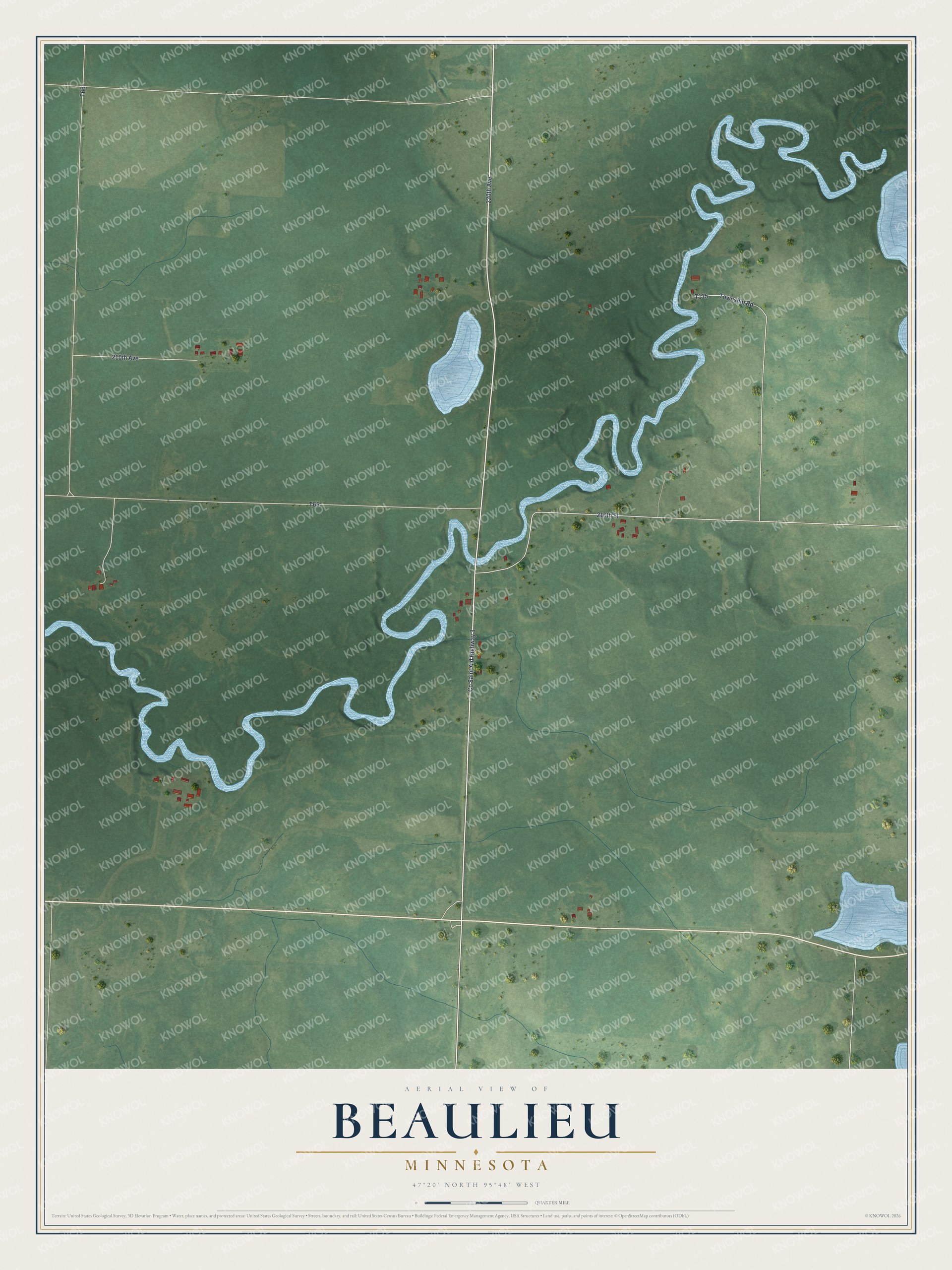 Full map of Beaulieu, Minnesota, with red buildings, printed street names and the land around them
