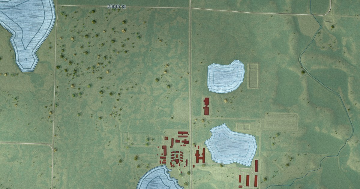 Close-up of streets and buildings in Big Stone Colony, Minnesota