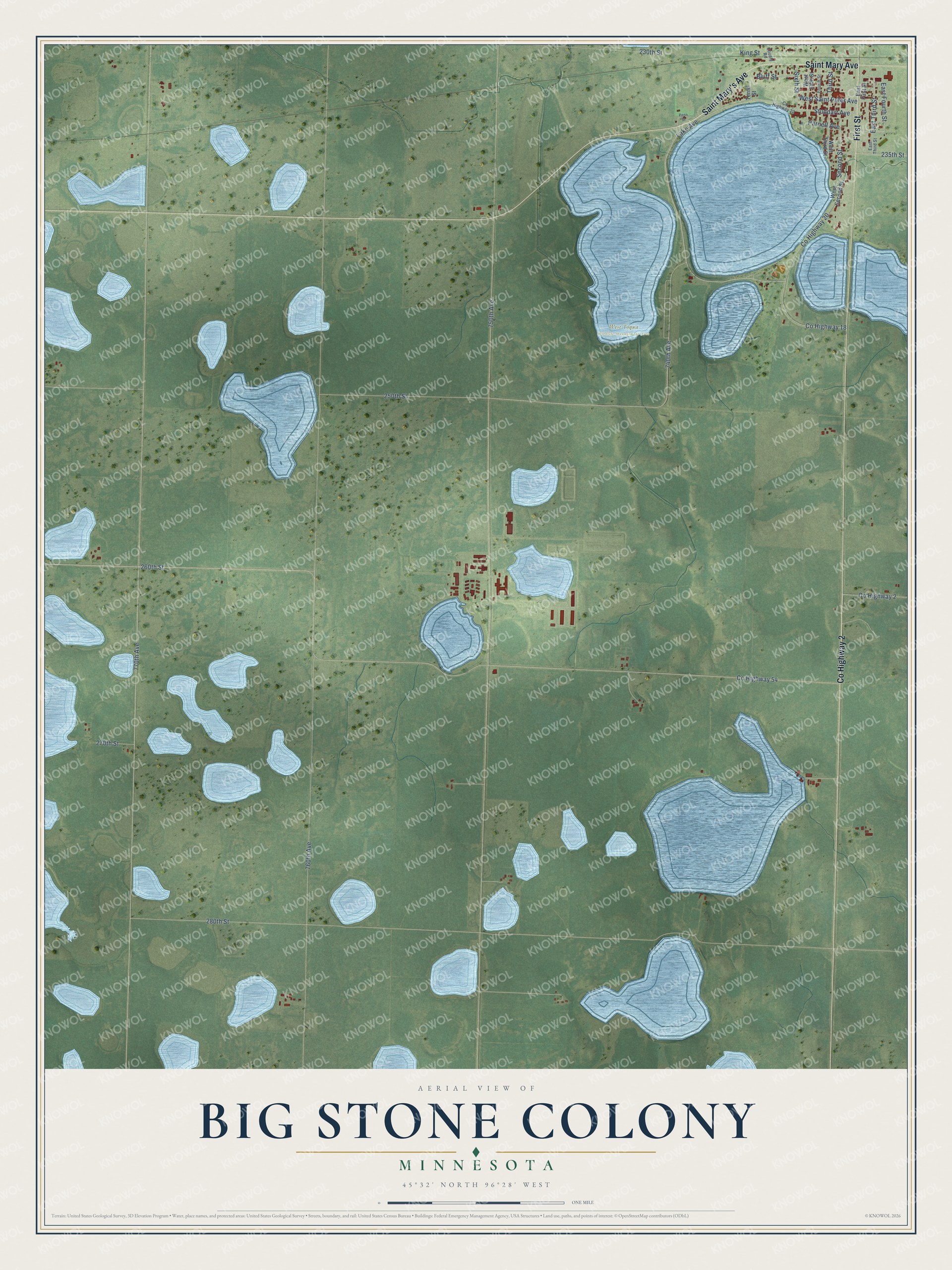 Full map of Big Stone Colony, Minnesota, with red buildings, printed street names and the land around them