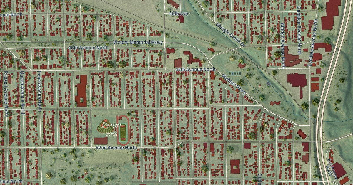 Close-up of streets and buildings in Camden, Minnesota