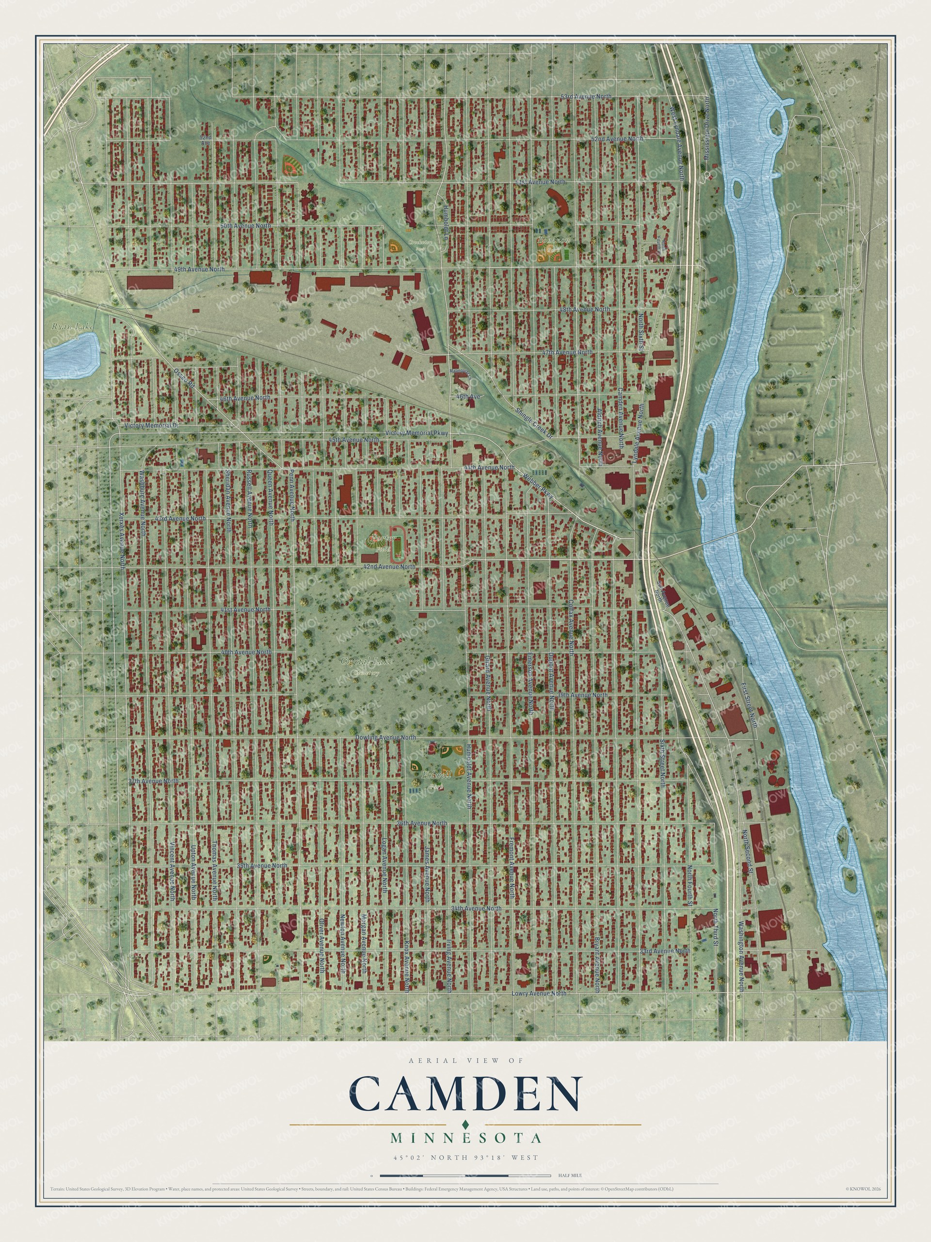 Full map of Camden, Minnesota, with red buildings, printed street names and the land around them