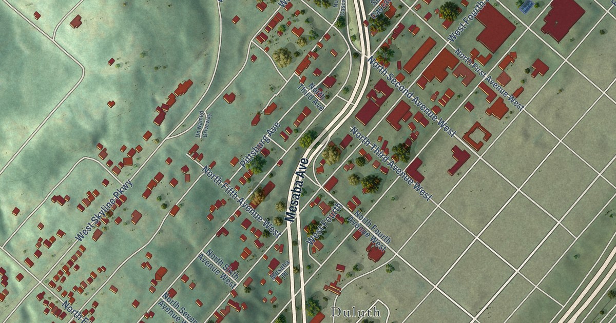 Close-up of streets and buildings in Central Hillside, Minnesota