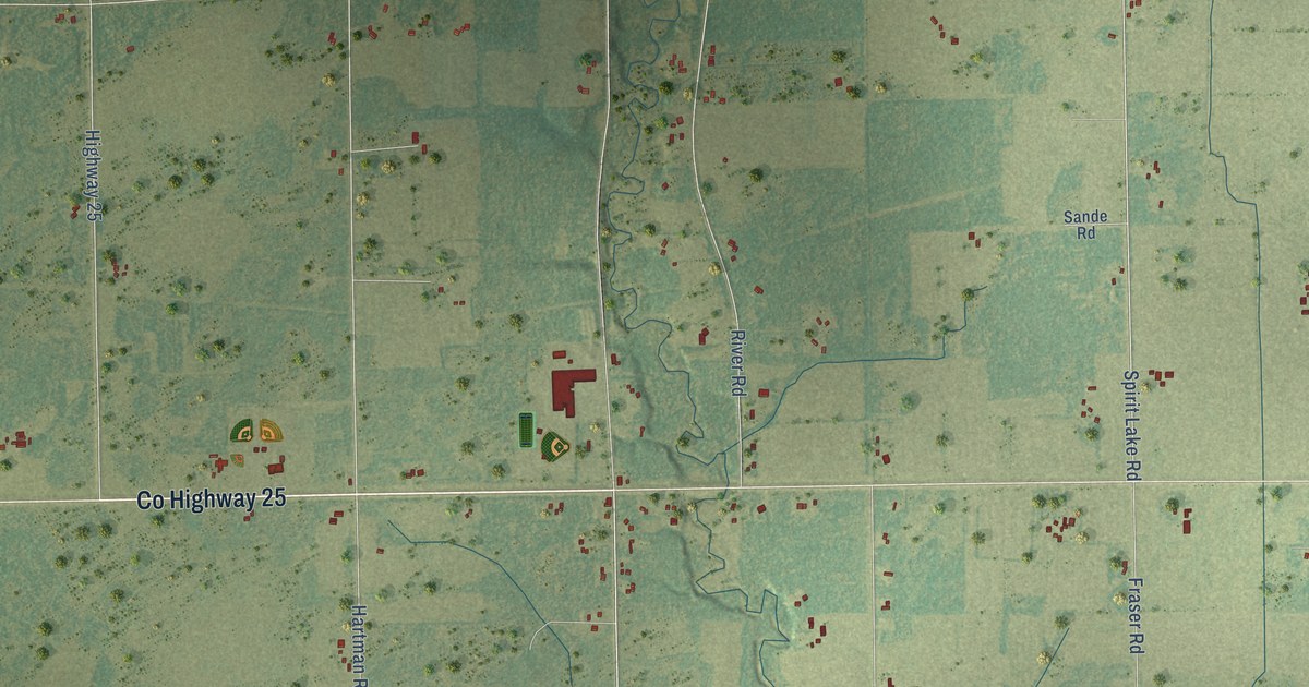 Close-up of streets and buildings in Cherry, Minnesota
