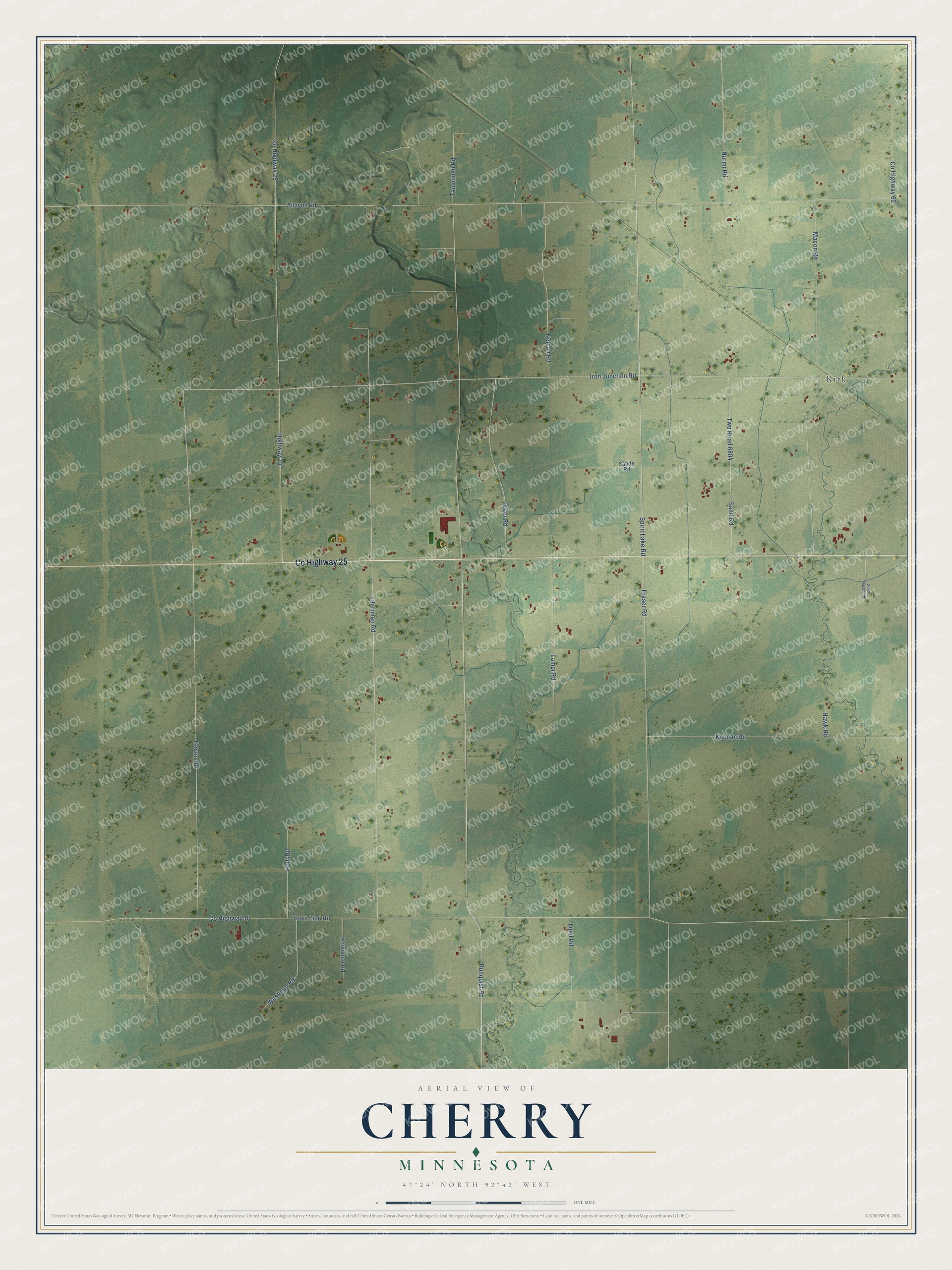 Full map of Cherry, Minnesota, with red buildings, printed street names and the land around them