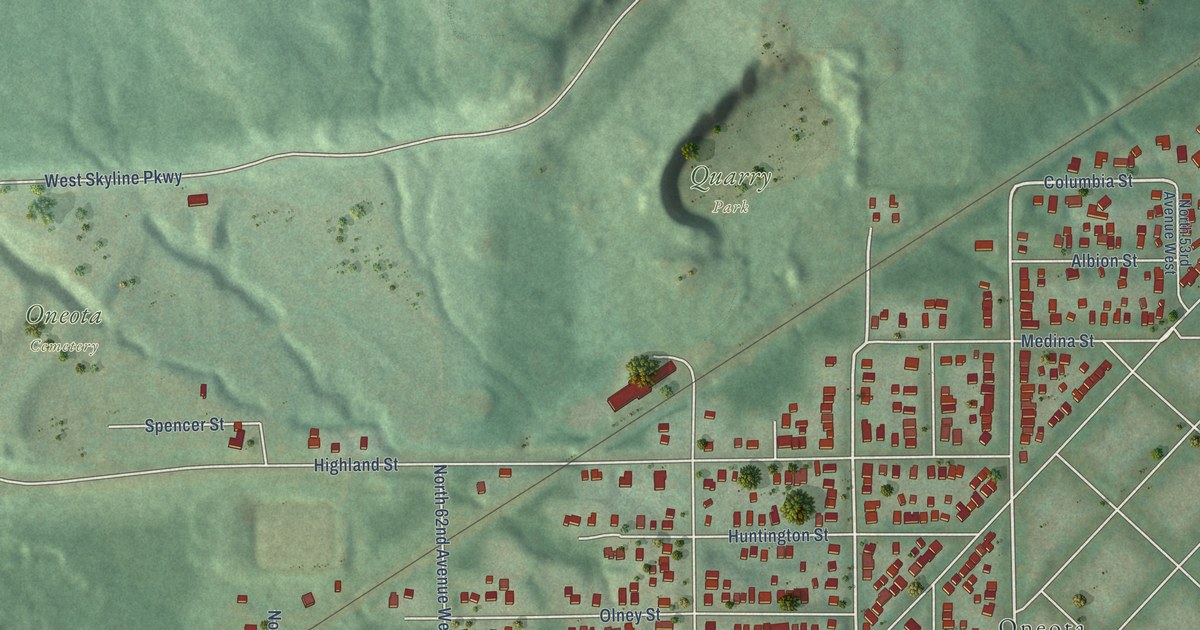 Close-up of streets and buildings in Cody, Minnesota