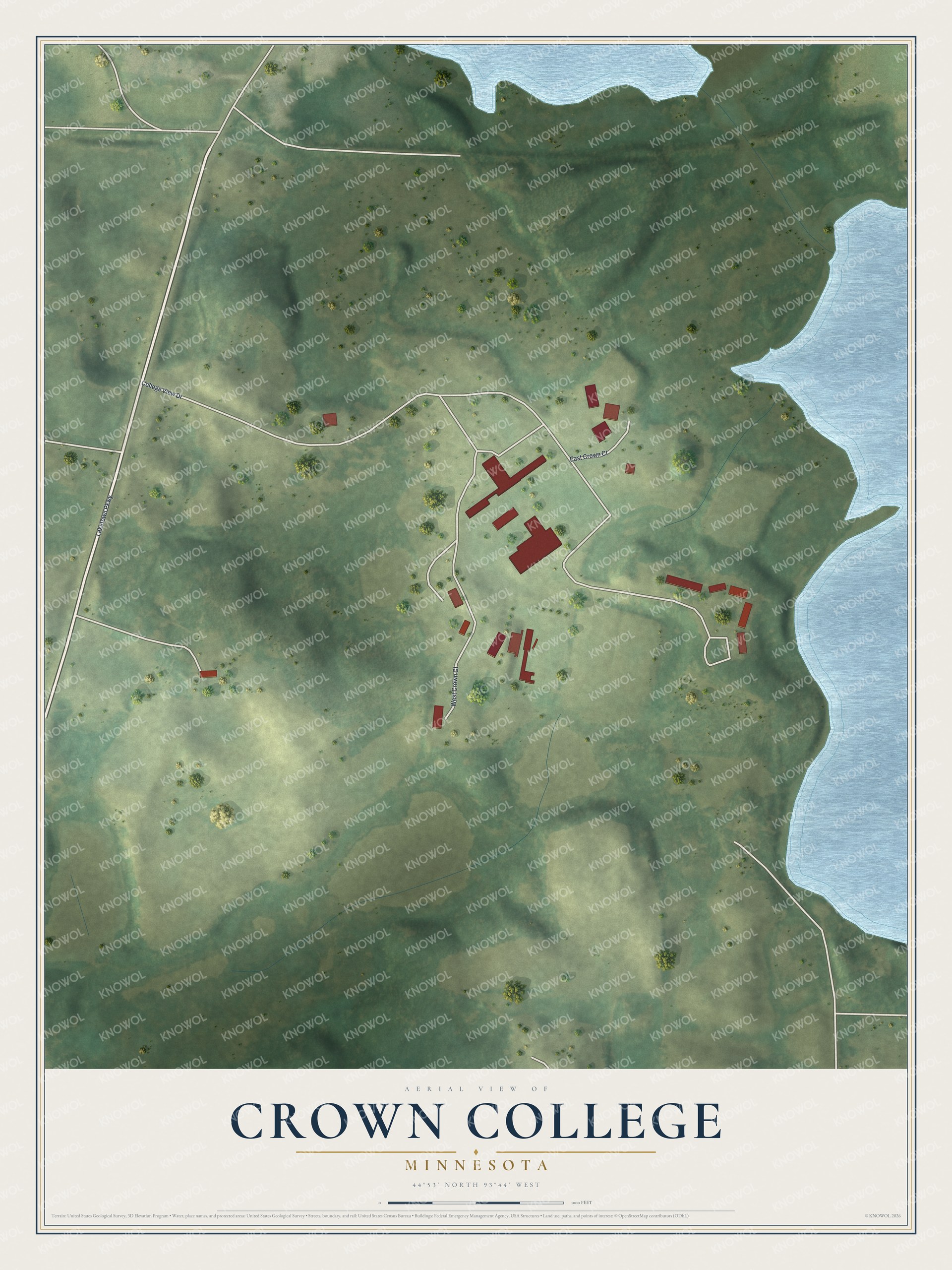 Full map of Crown College, Minnesota, with red buildings, printed street names and the land around them