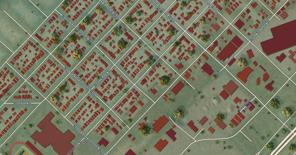 Close-up of streets and buildings in Denfeld, Minnesota