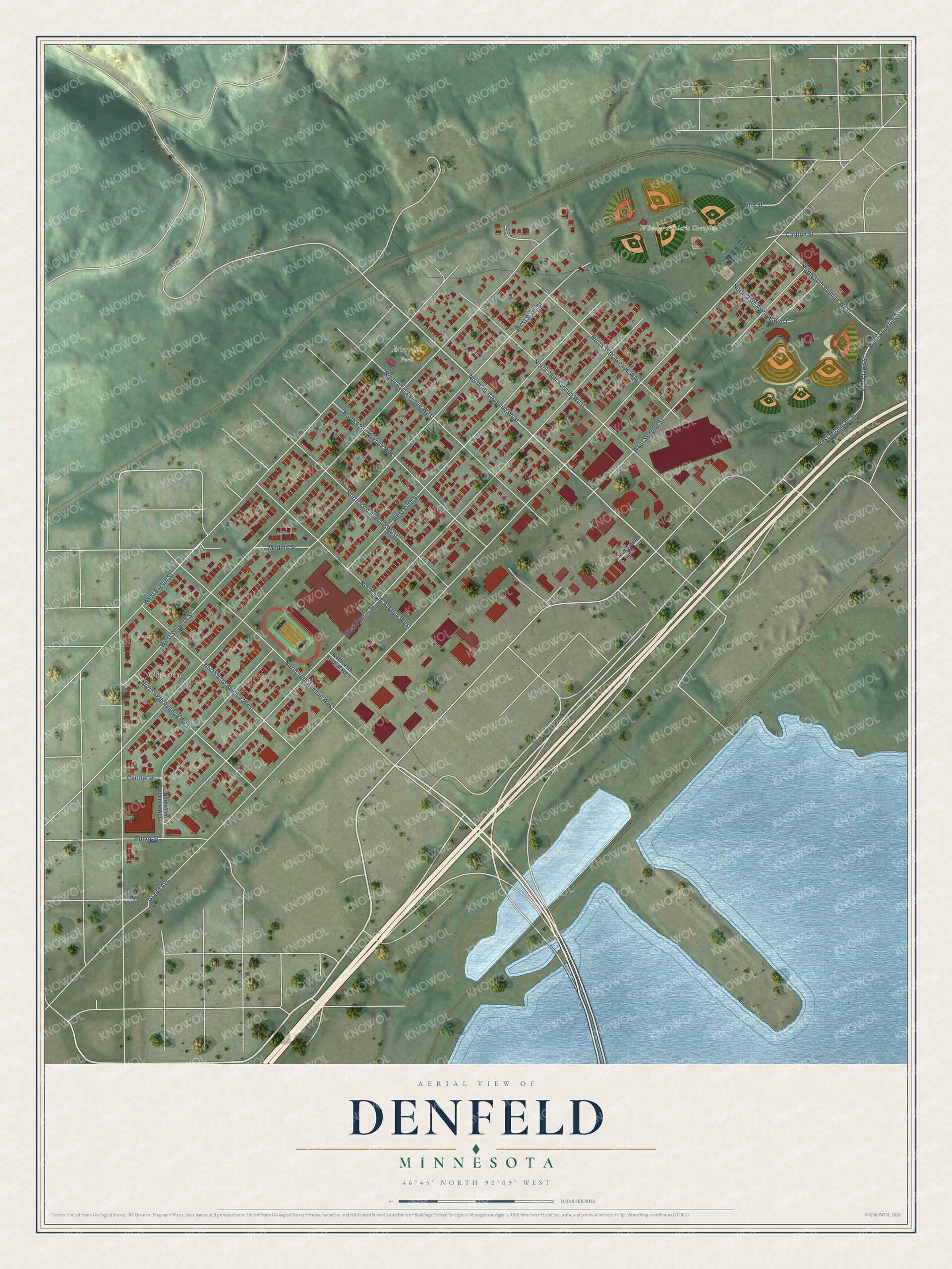 Full map of Denfeld, Minnesota, with red buildings, printed street names and the land around them