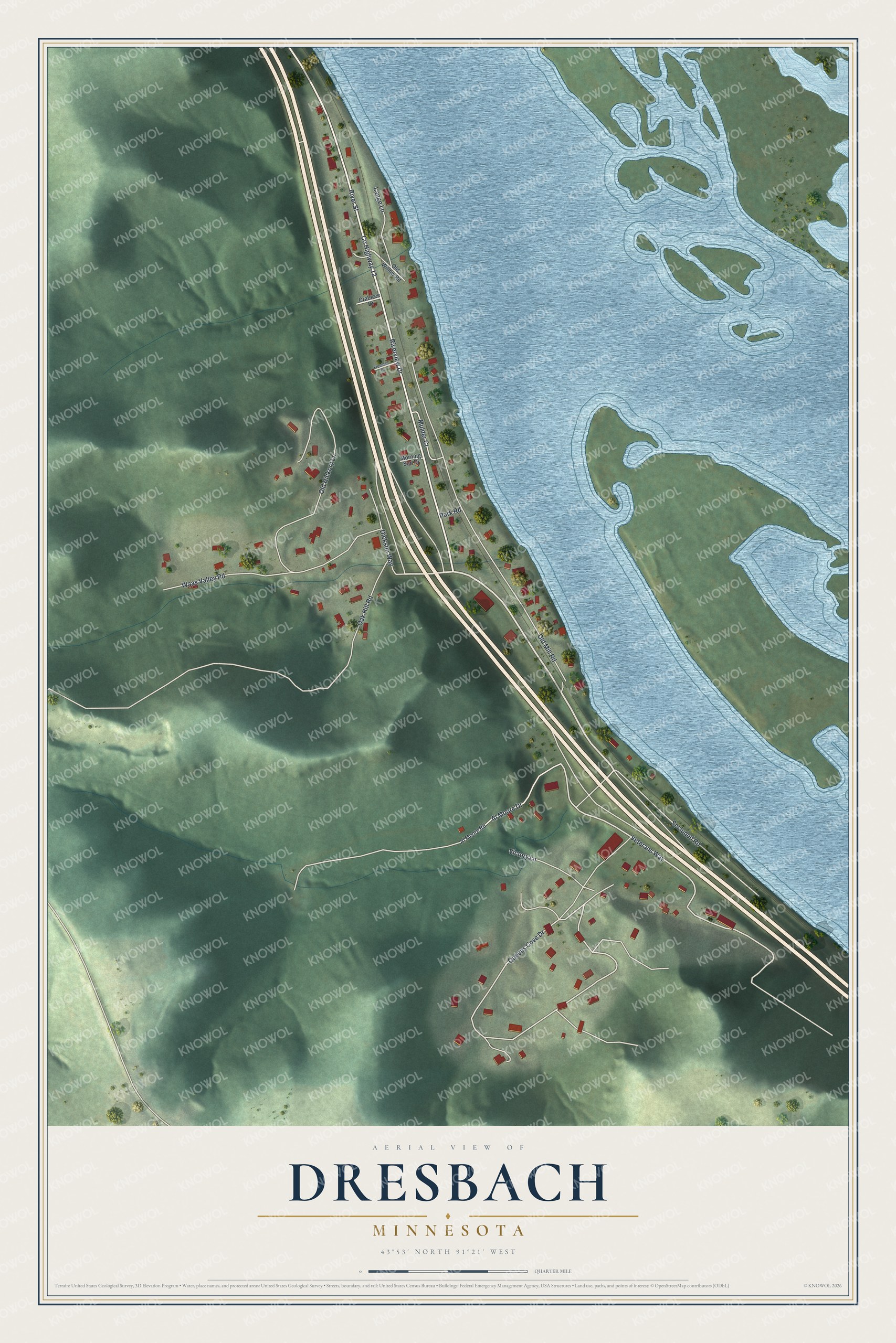 Full map of Dresbach, Minnesota, with red buildings, printed street names and the land around them