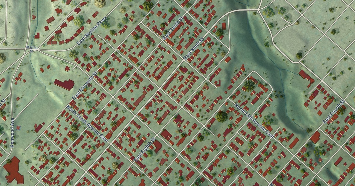 Close-up of streets and buildings in East Hillside, Minnesota