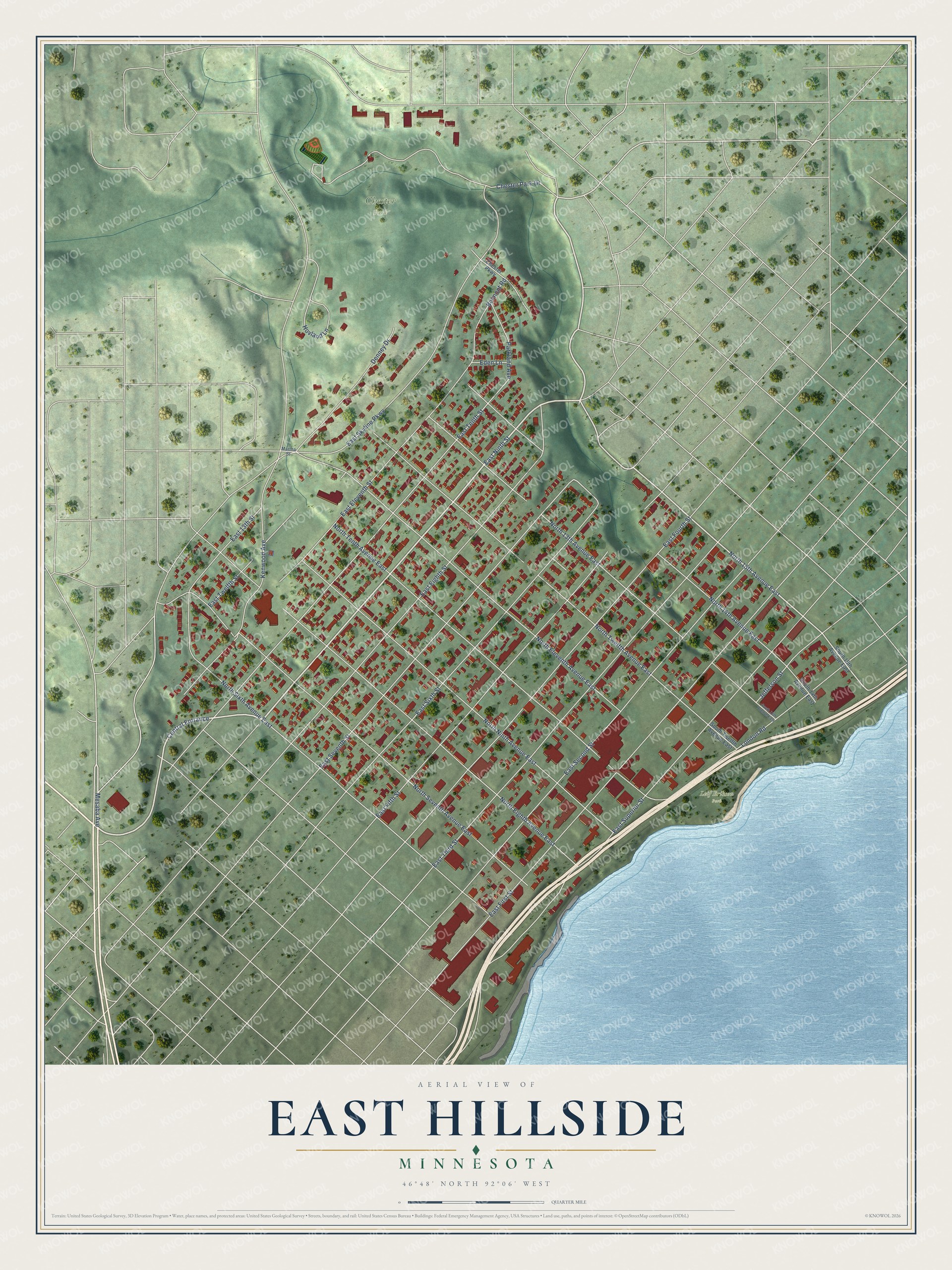 Full map of East Hillside, Minnesota, with red buildings, printed street names and the land around them