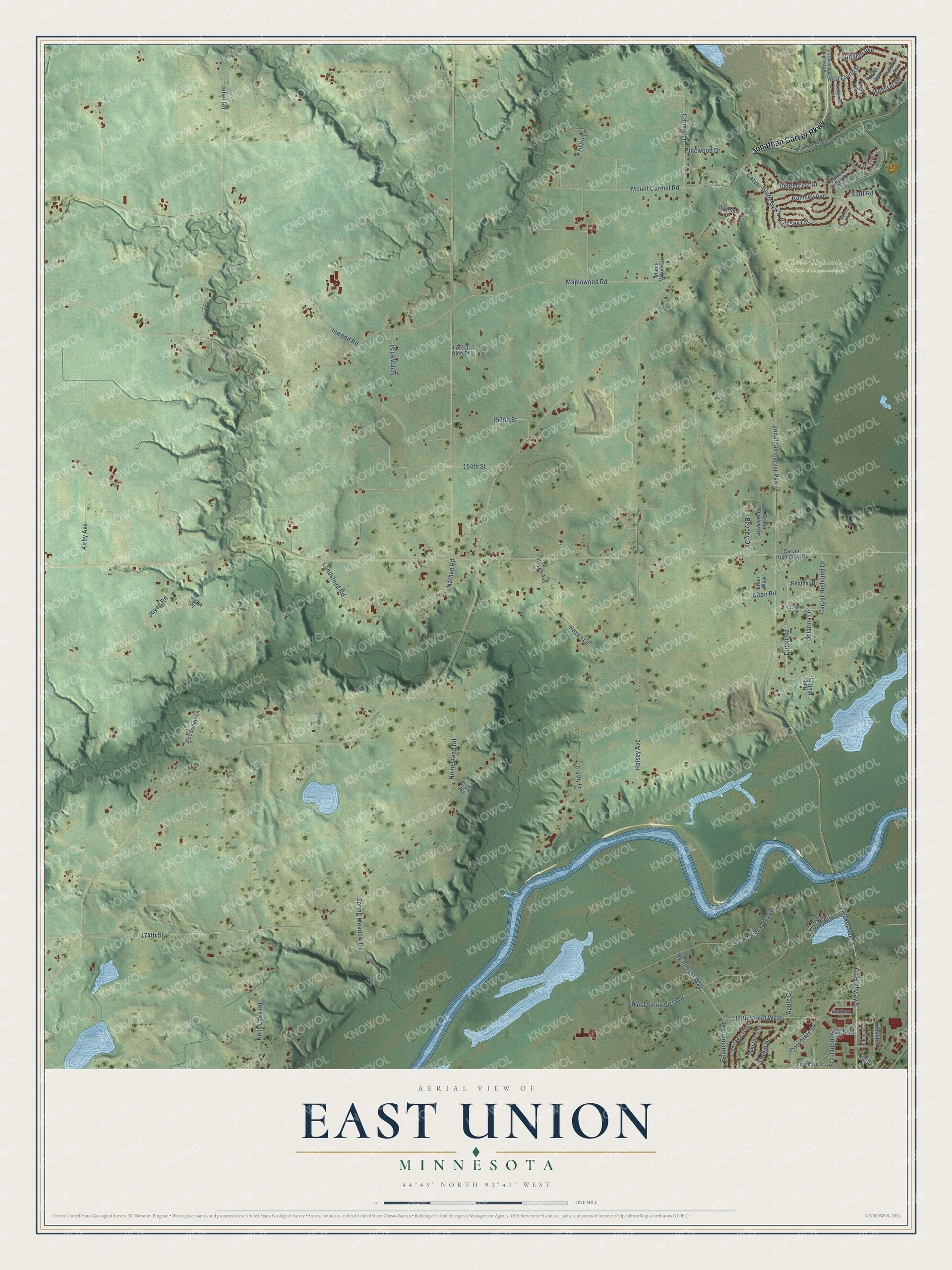 Full map of East Union, Minnesota, with red buildings, printed street names and the land around them
