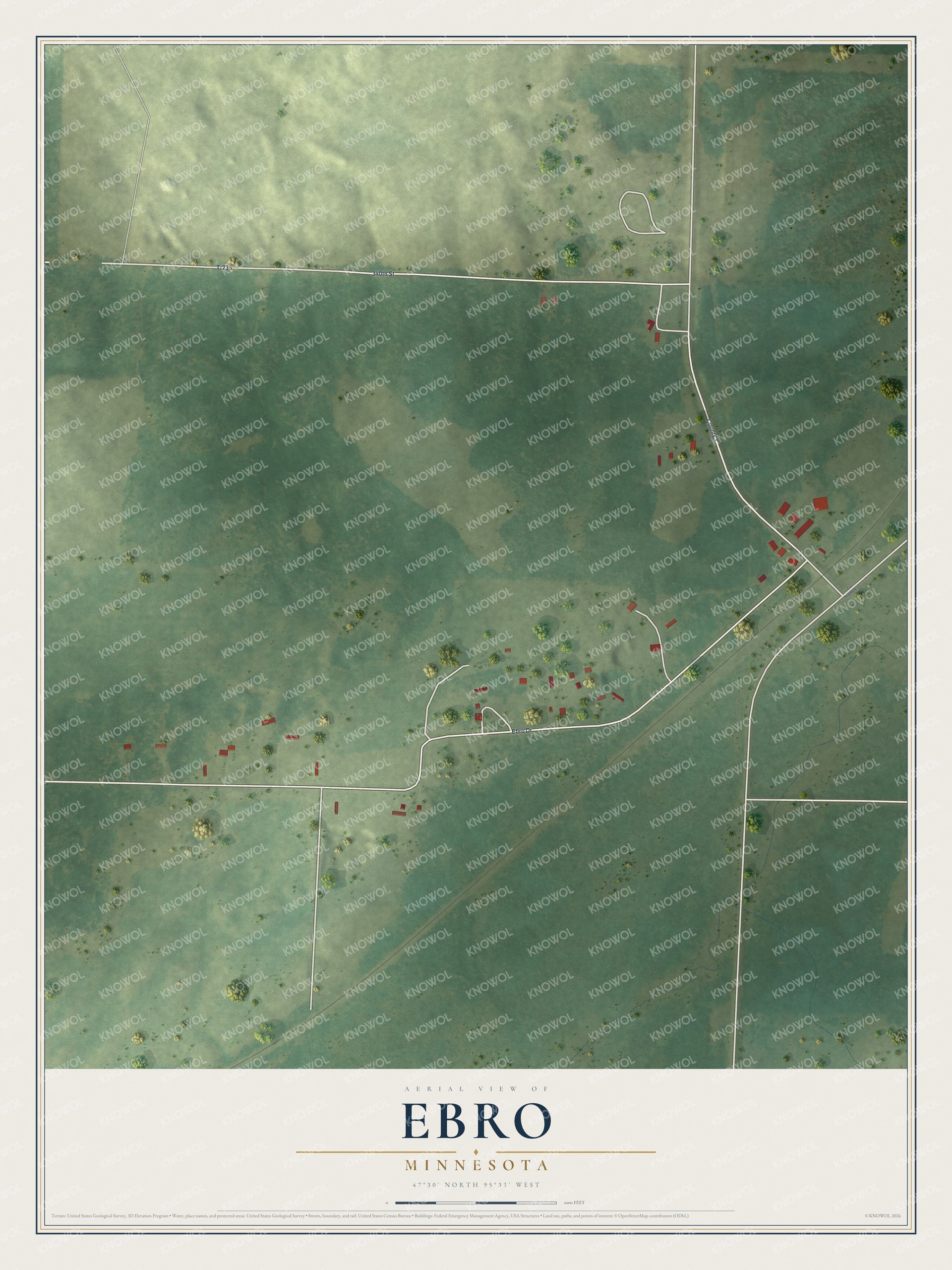 Full map of Ebro, Minnesota, with red buildings, printed street names and the land around them