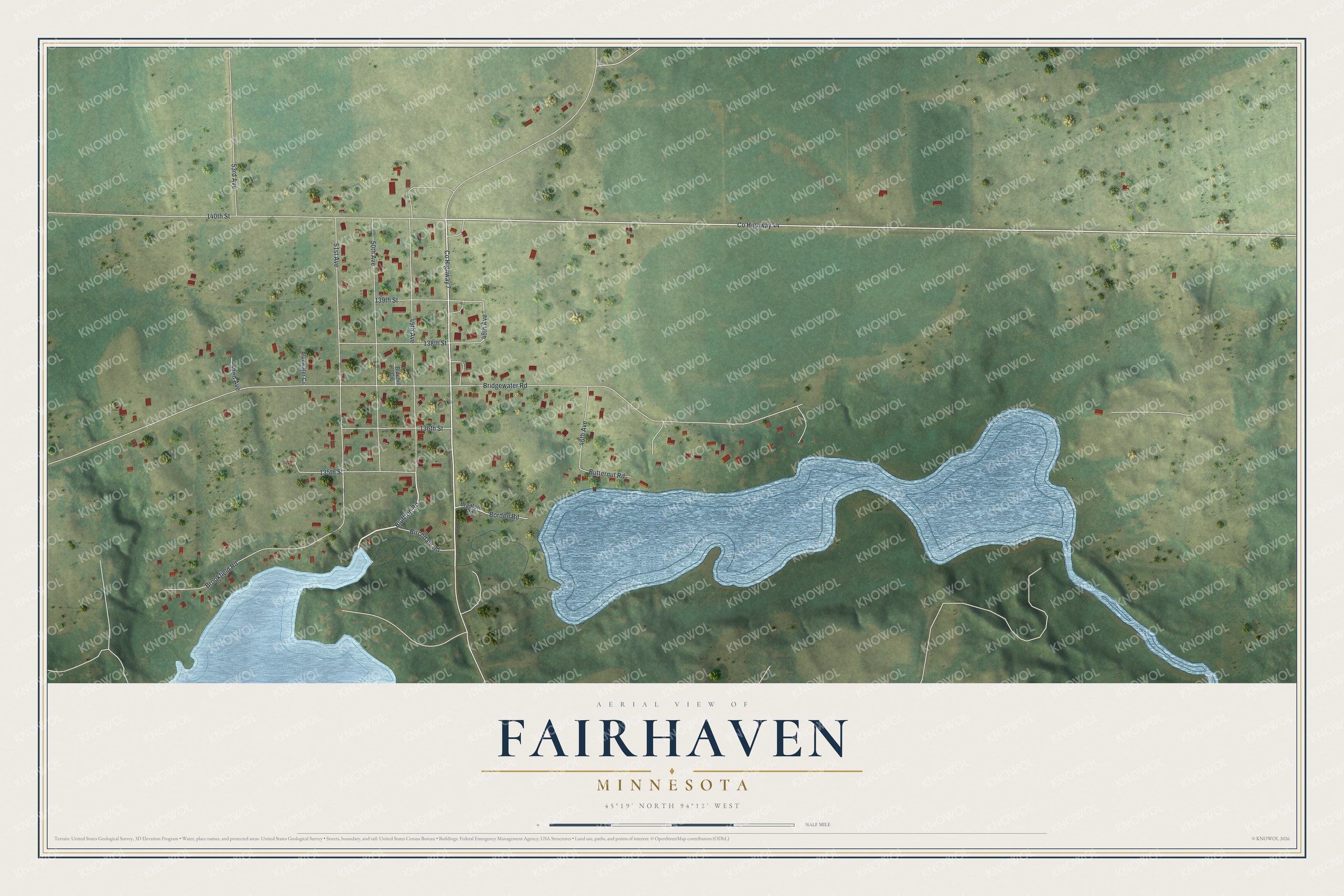 Full map of Fairhaven, Minnesota, with red buildings, printed street names and the land around them