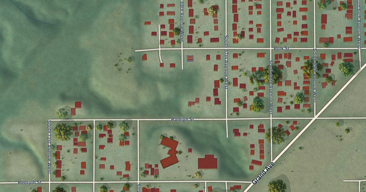 Close-up of streets and buildings in Fairmount, Minnesota