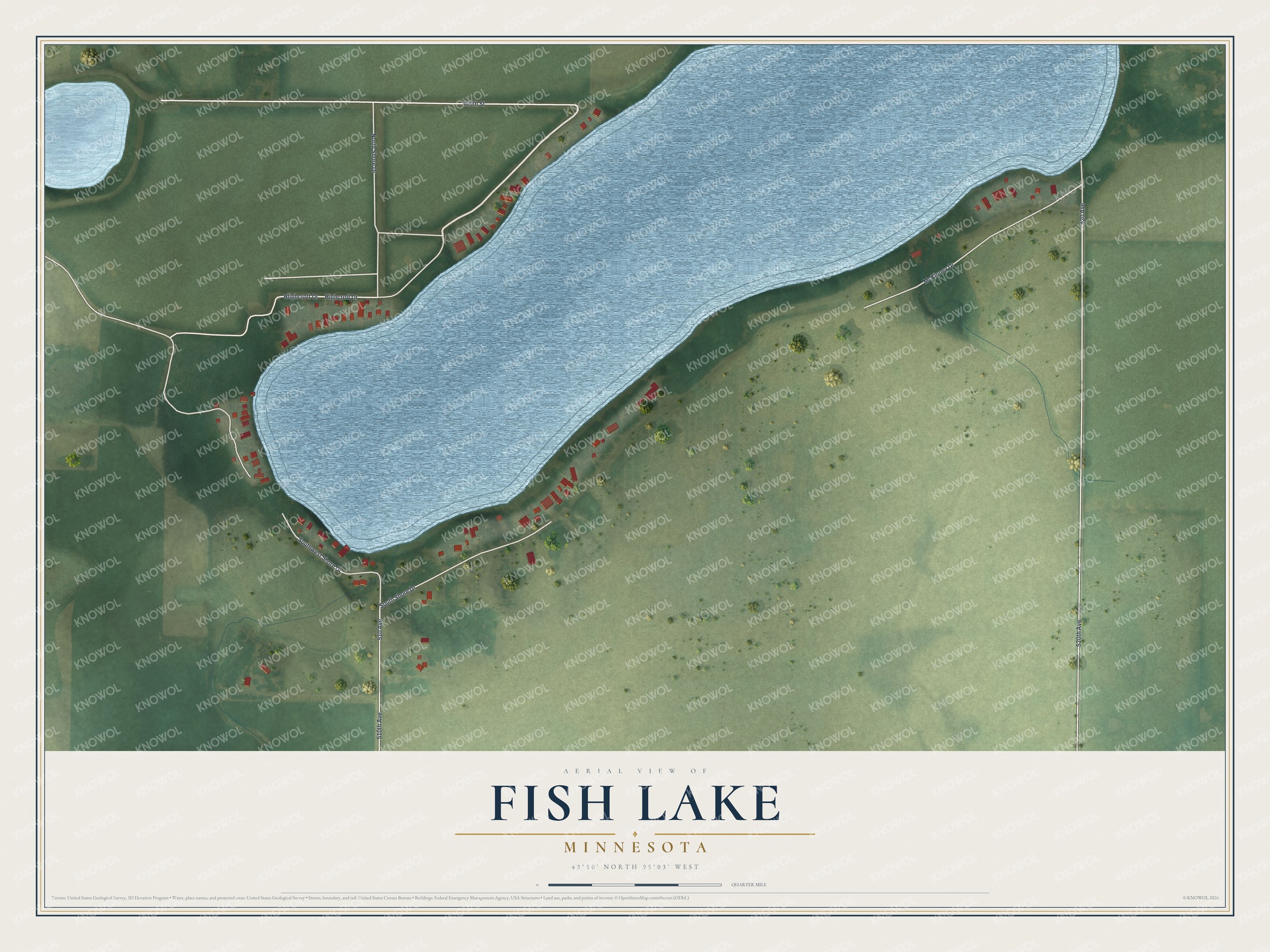 Full map of Fish Lake, Minnesota, with red buildings, printed street names and the land around them
